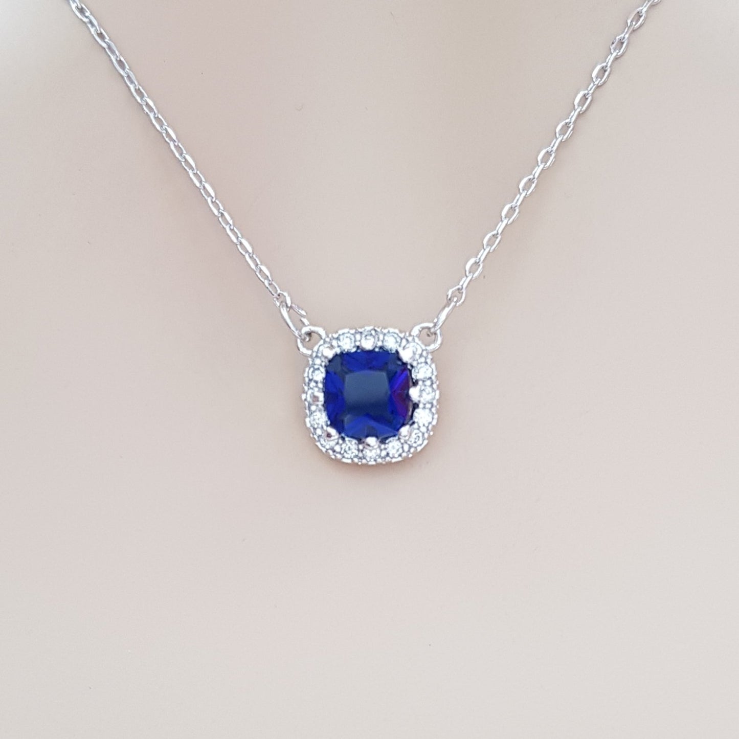 Sapphire Blue Cubic Zirconia Pendant Necklace-Azure - PoetryDesigns