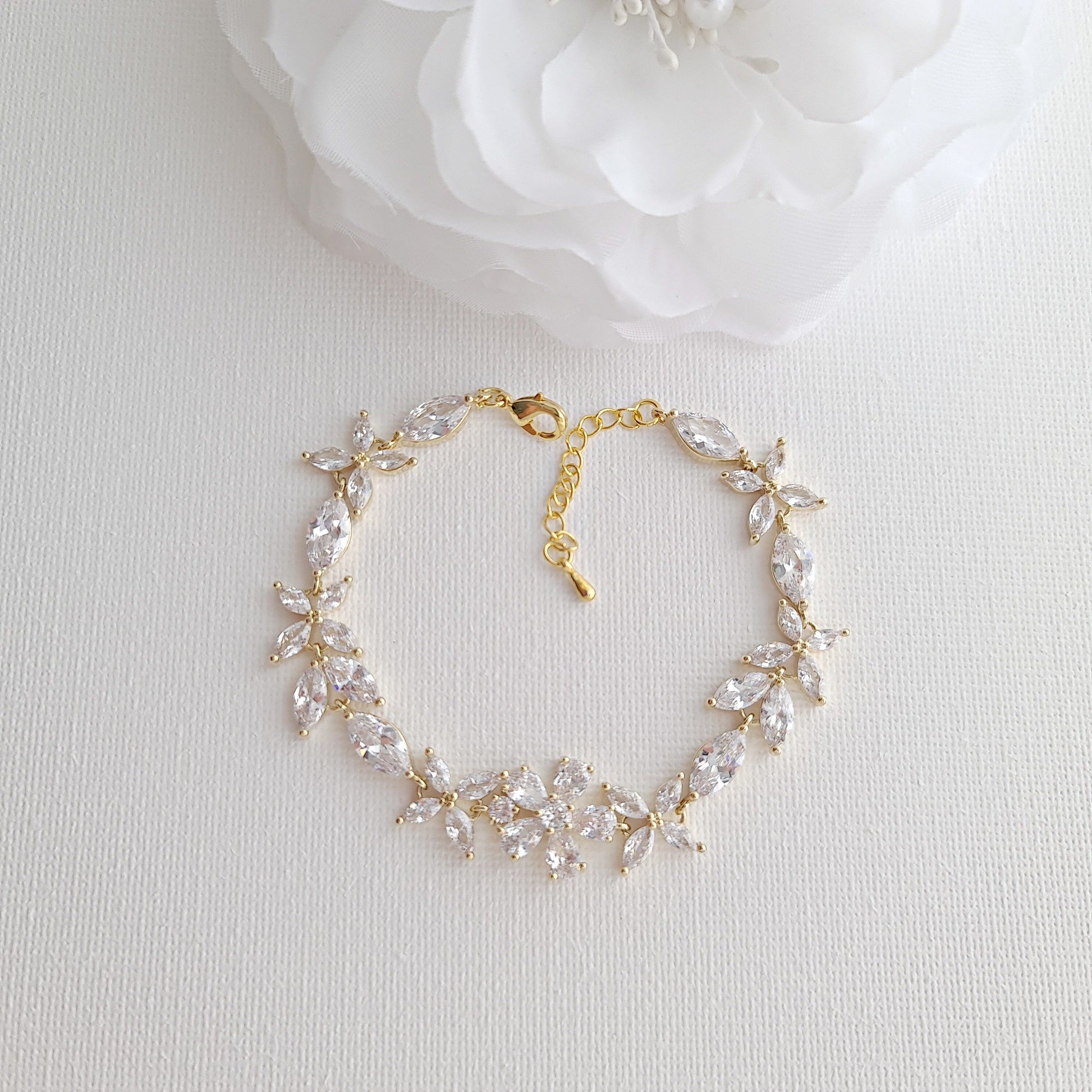 Gold Bridal Jewelry Set Earrings Necklace Bracelet Hair Comb-Daisy - PoetryDesigns