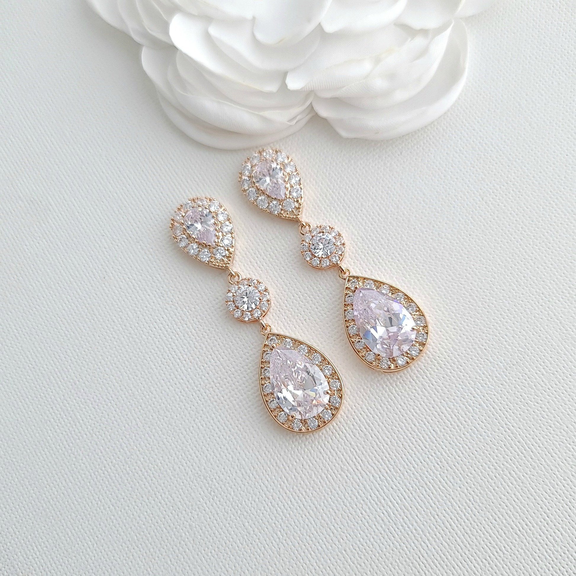 Drop Gold Earrings for Weddings with Teardrop Cubic Zirconia-Penelope - PoetryDesigns