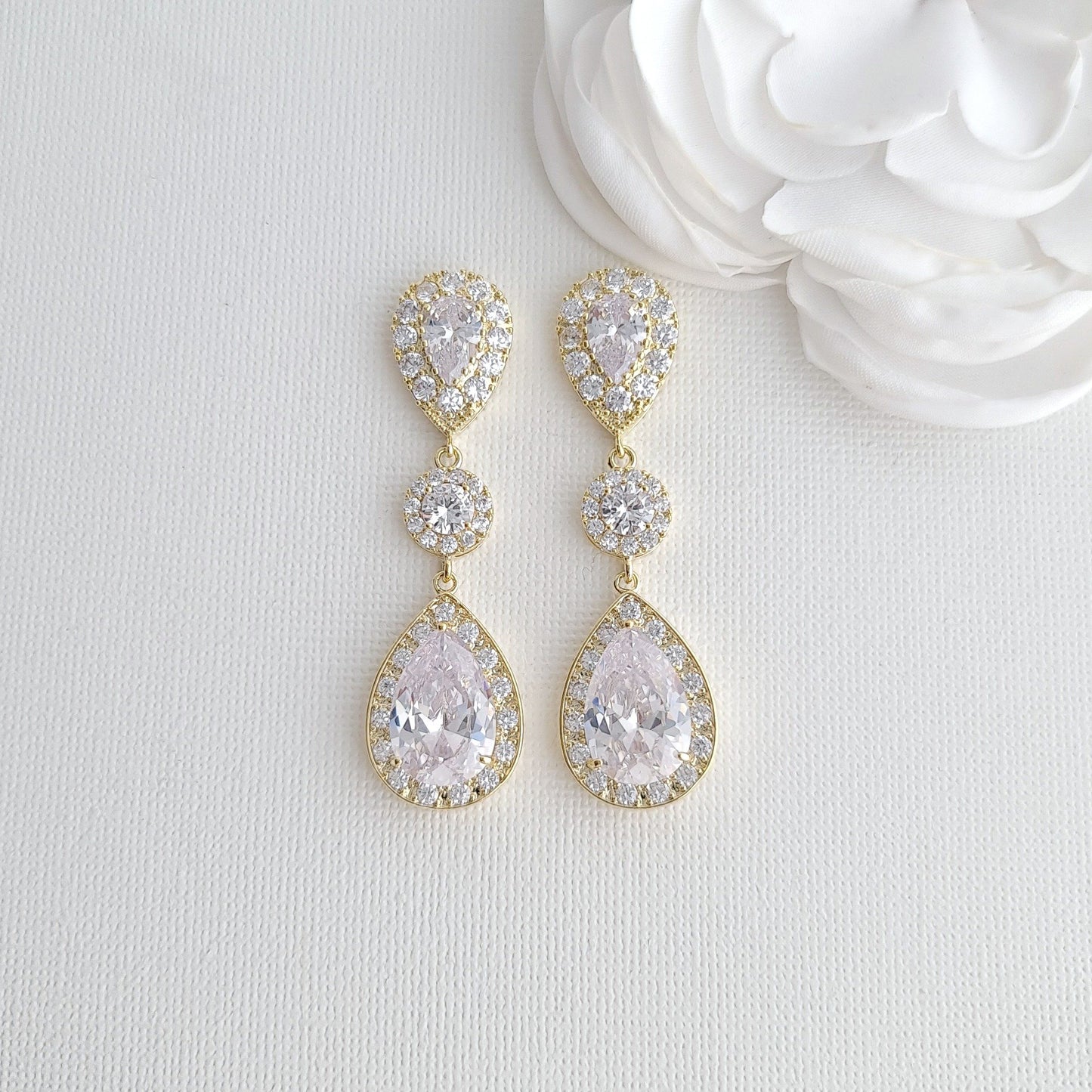 Teardrop Cubic Zirconia Rose Gold Bridal Earrings-Penelope - PoetryDesigns