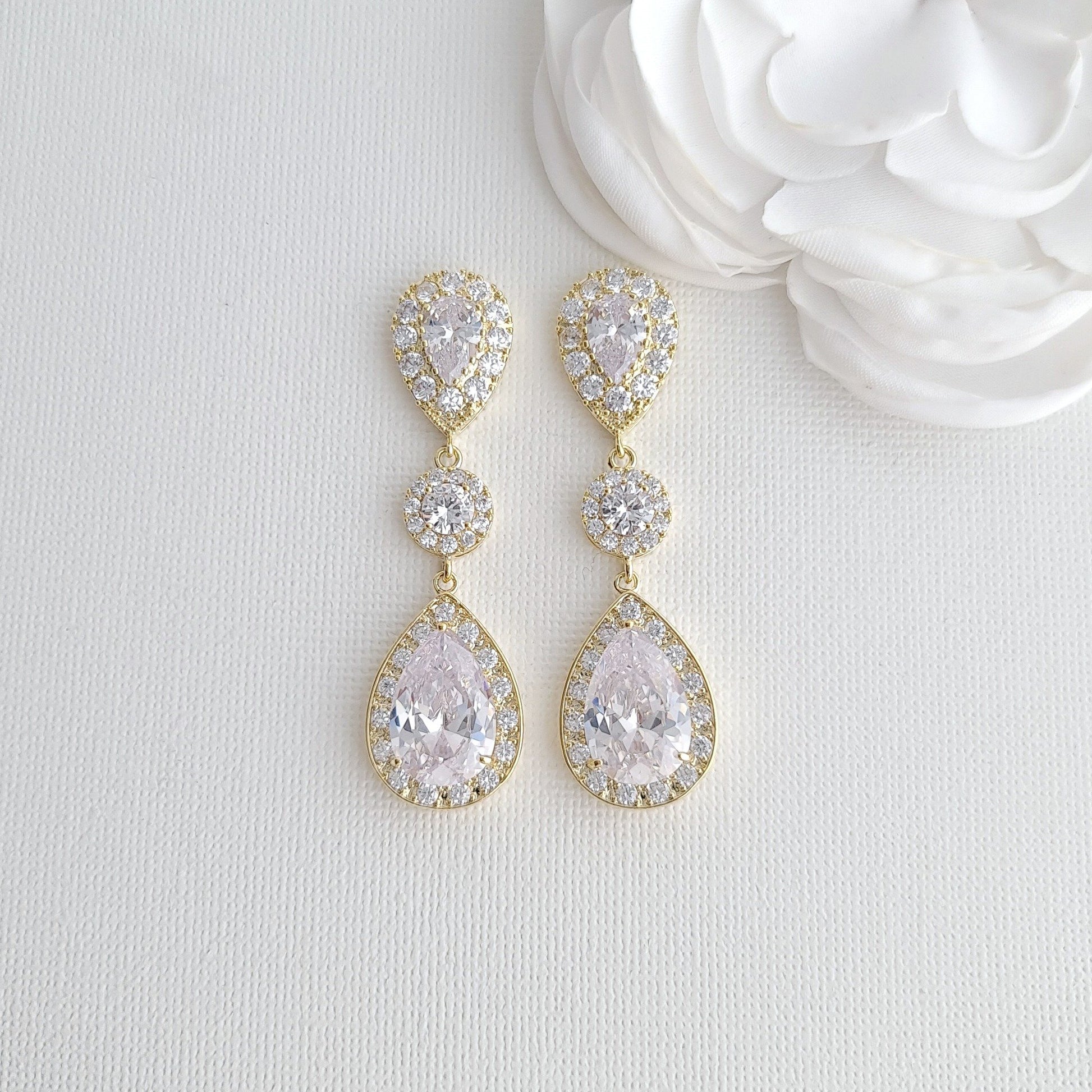 Teardrop Cubic Zirconia Rose Gold Bridal Earrings-Penelope - PoetryDesigns