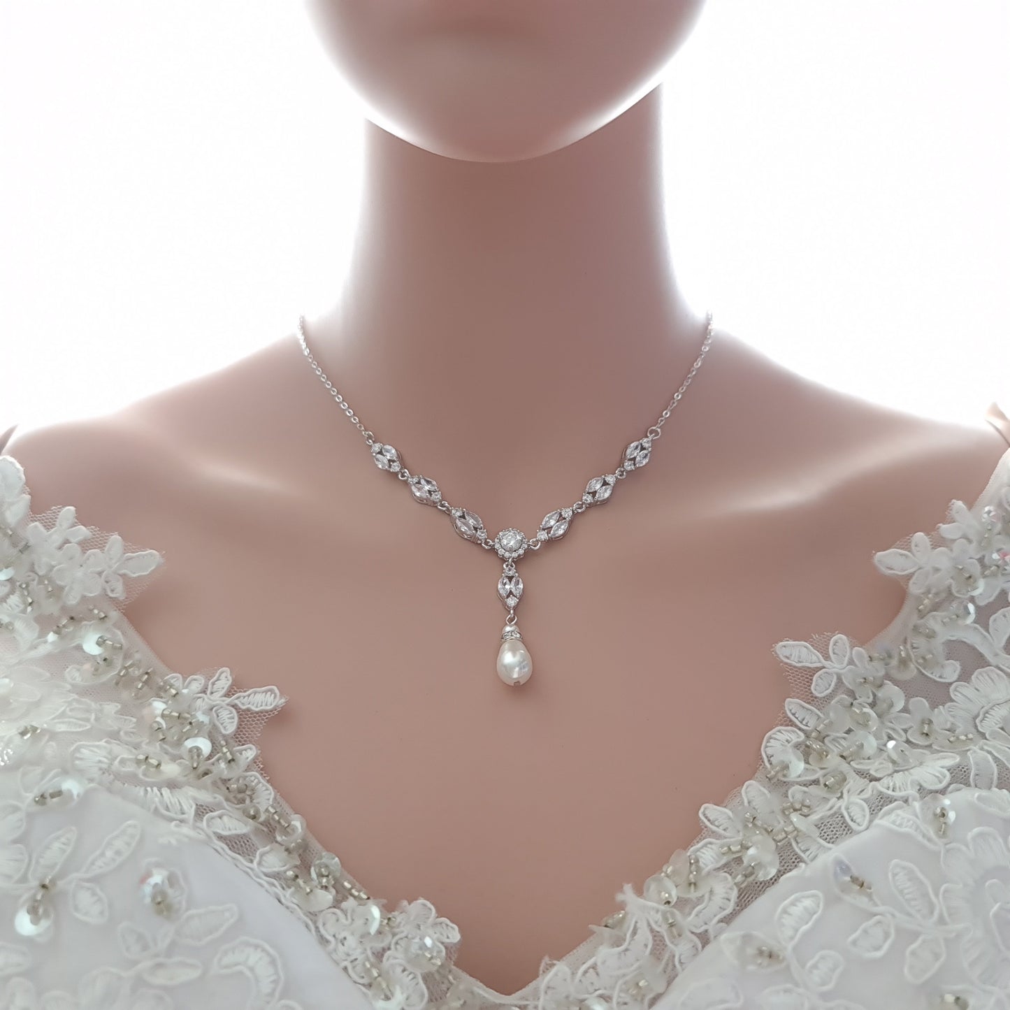 Bridal Back Necklace with Pearl & Crystal Backdrop for Weddings- Hayley - PoetryDesigns