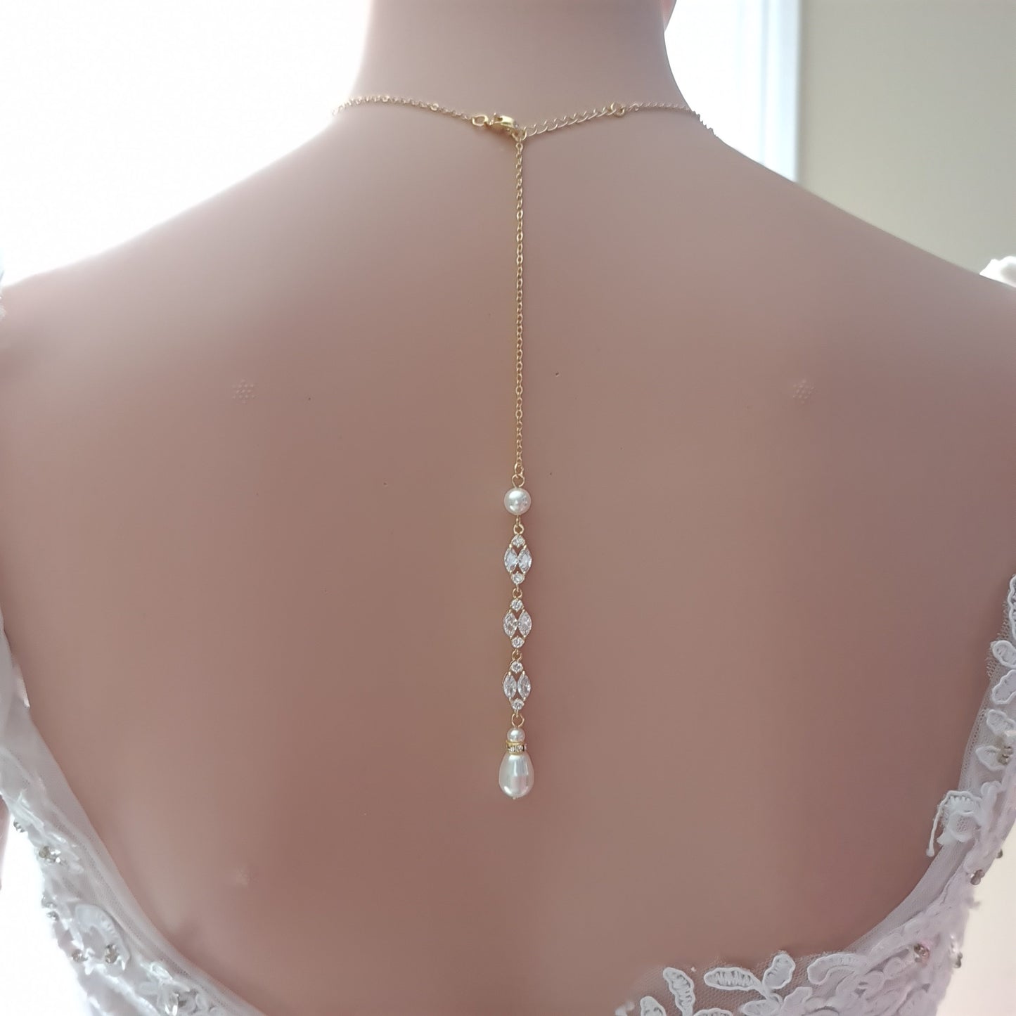 Gold Wedding Necklace With Backdrop in Pearls and Crystals-Hayley - PoetryDesigns