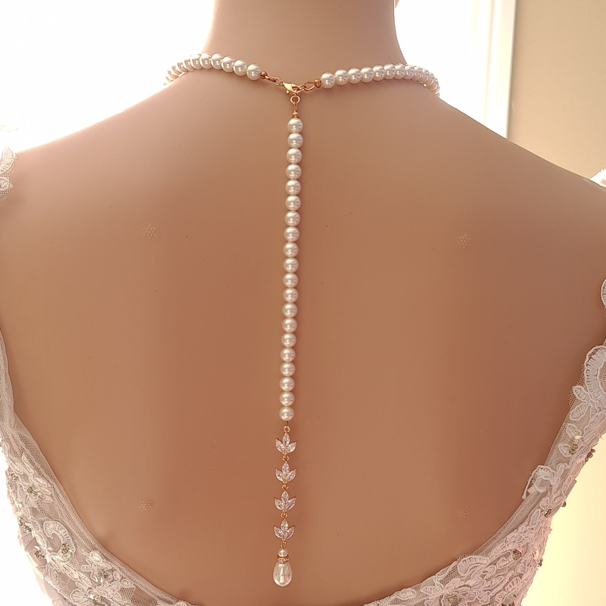 Rose Gold Back Necklace in Pearls With Separable Backdrops-Katie - PoetryDesigns