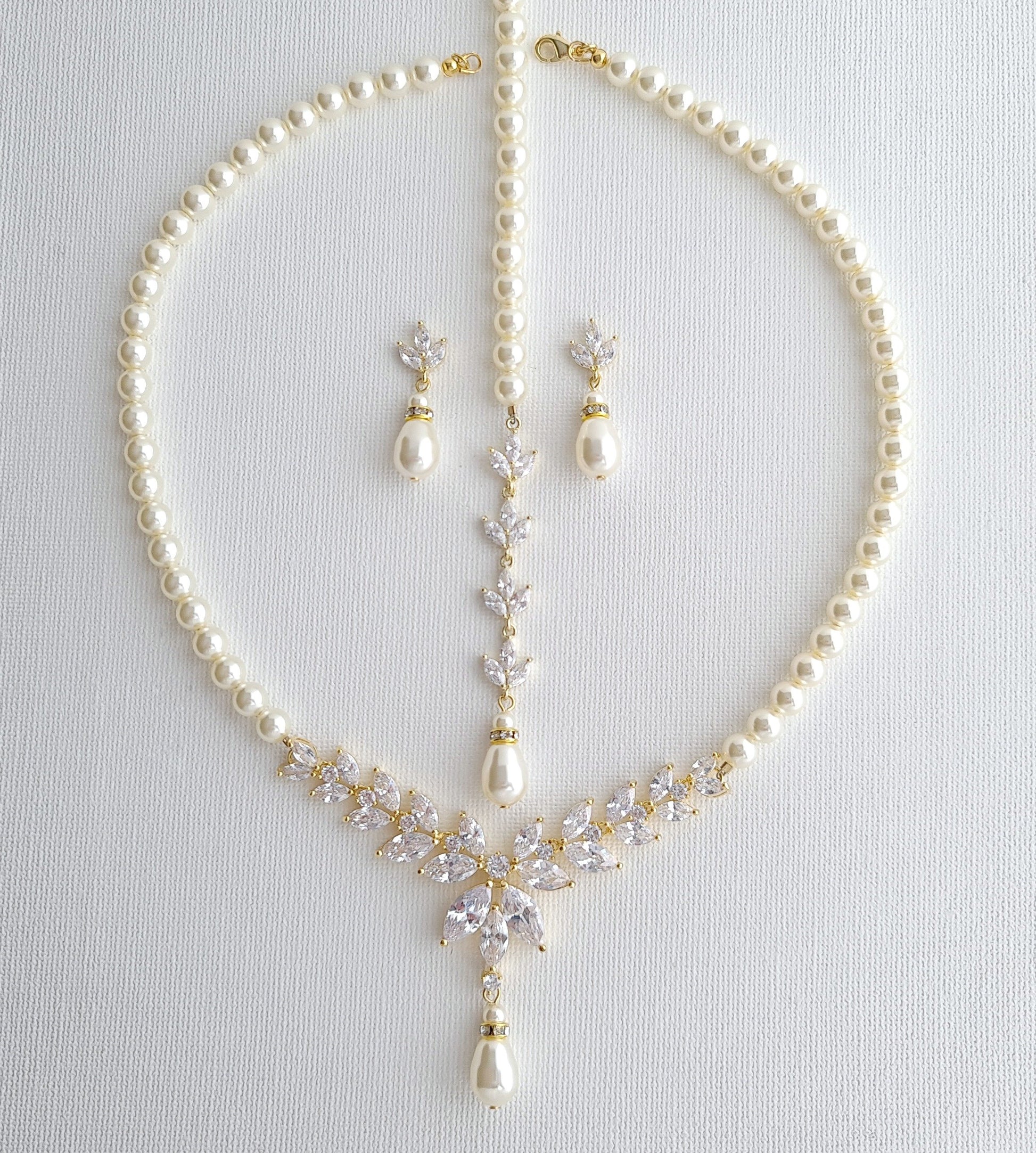 Pearl Bridal Jewelry Set in Ivory White or Cream Pearl Color with Necklace, Backdrop & Earrings-Katie - PoetryDesigns