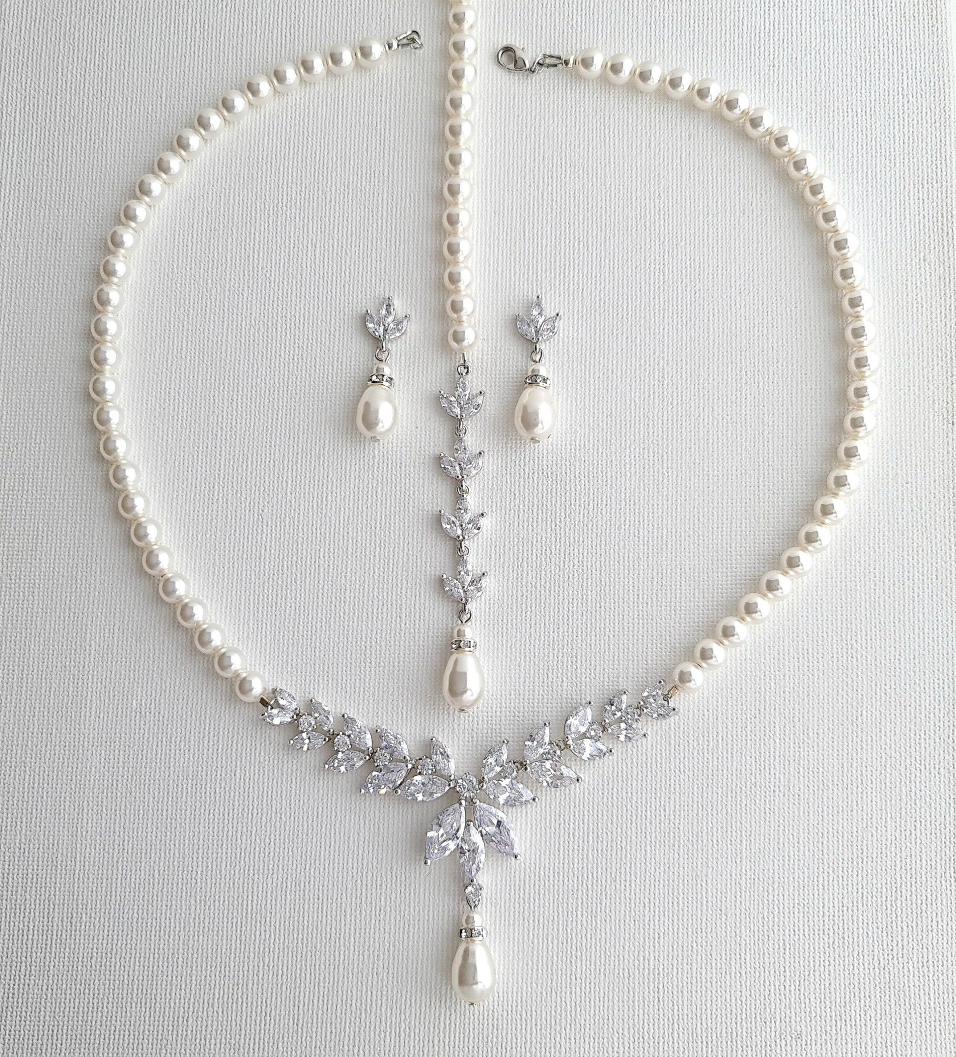 Silver Pearl Necklace and Earrings, Wedding Jewelry Set 