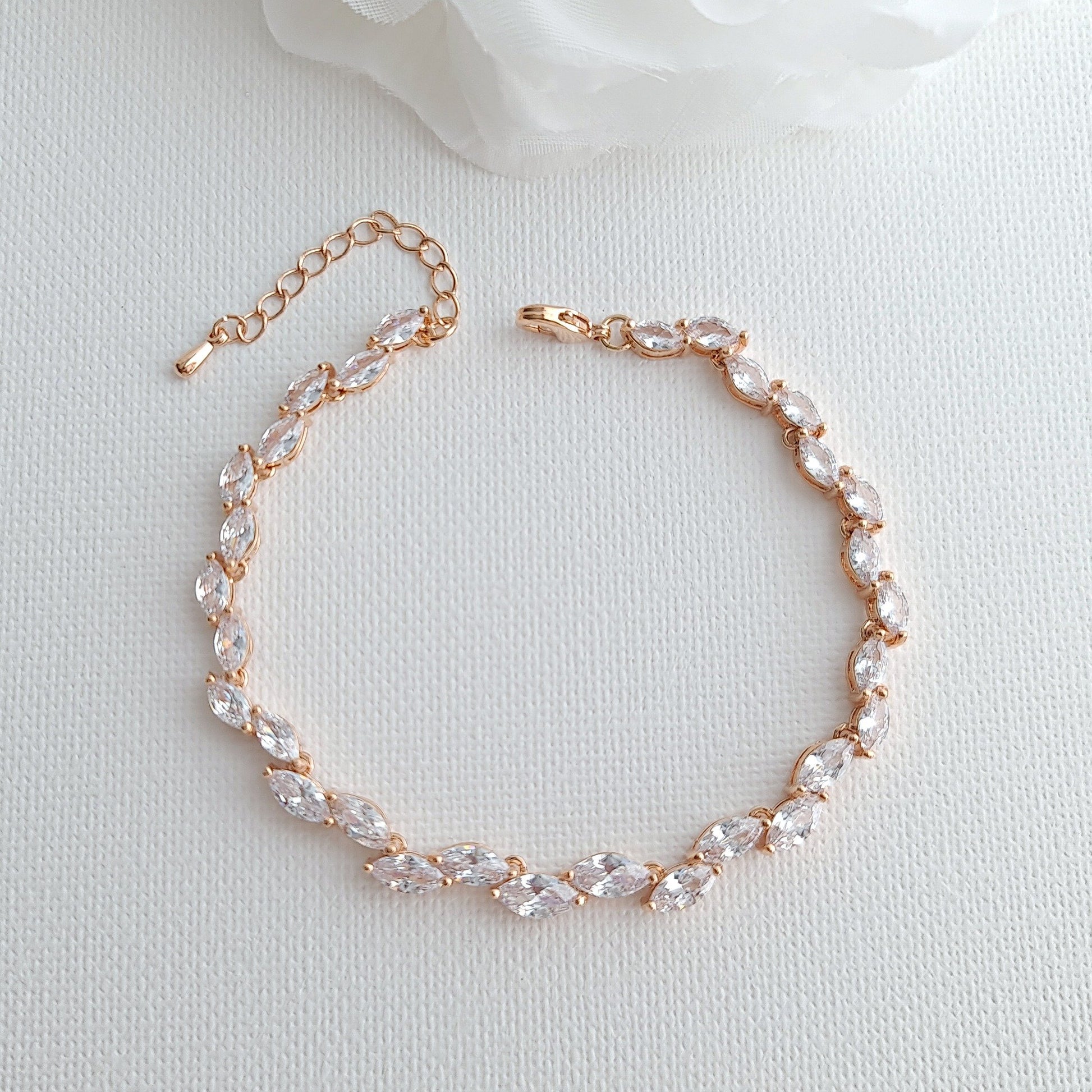 Rose Gold Wedding Bracelet With Crystal Leaf for Brides- Belle - PoetryDesigns