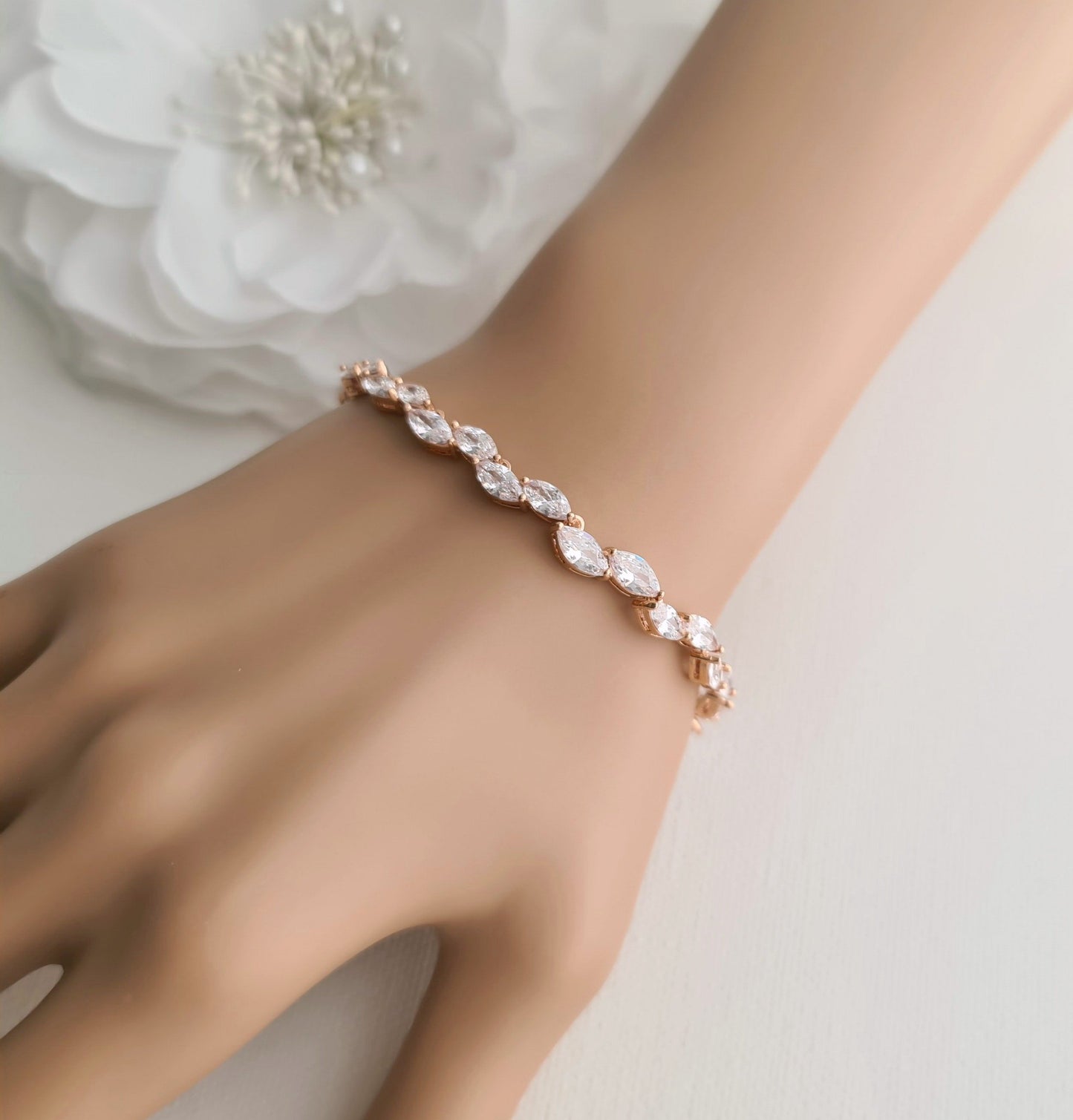 Rose Gold Wedding Bracelet With Crystal Leaf for Brides- Belle - PoetryDesigns