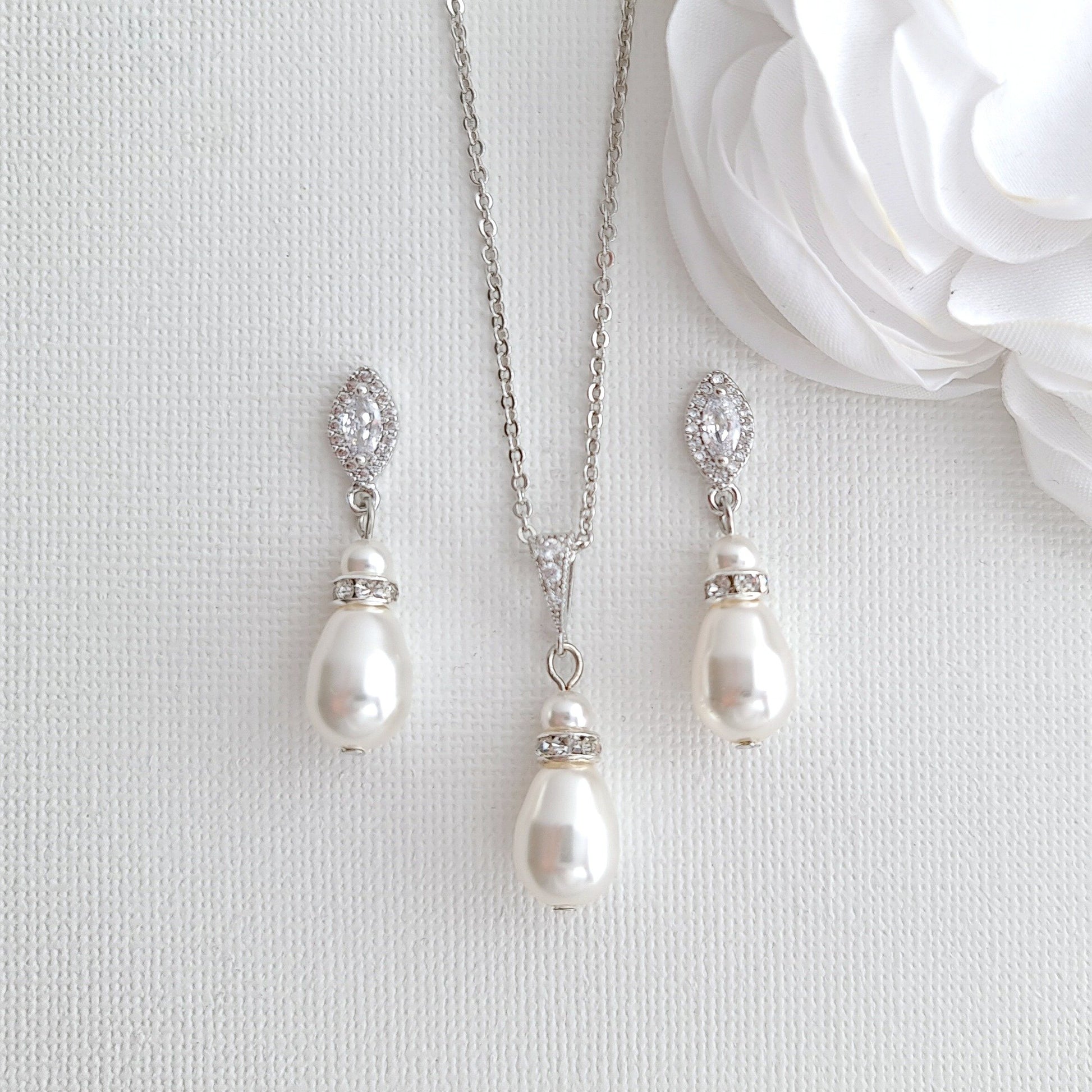 Simple Pearl Wedding Jewelry Set with Pearl Earring,Necklace,Bracelet for Brides-Ella - PoetryDesigns