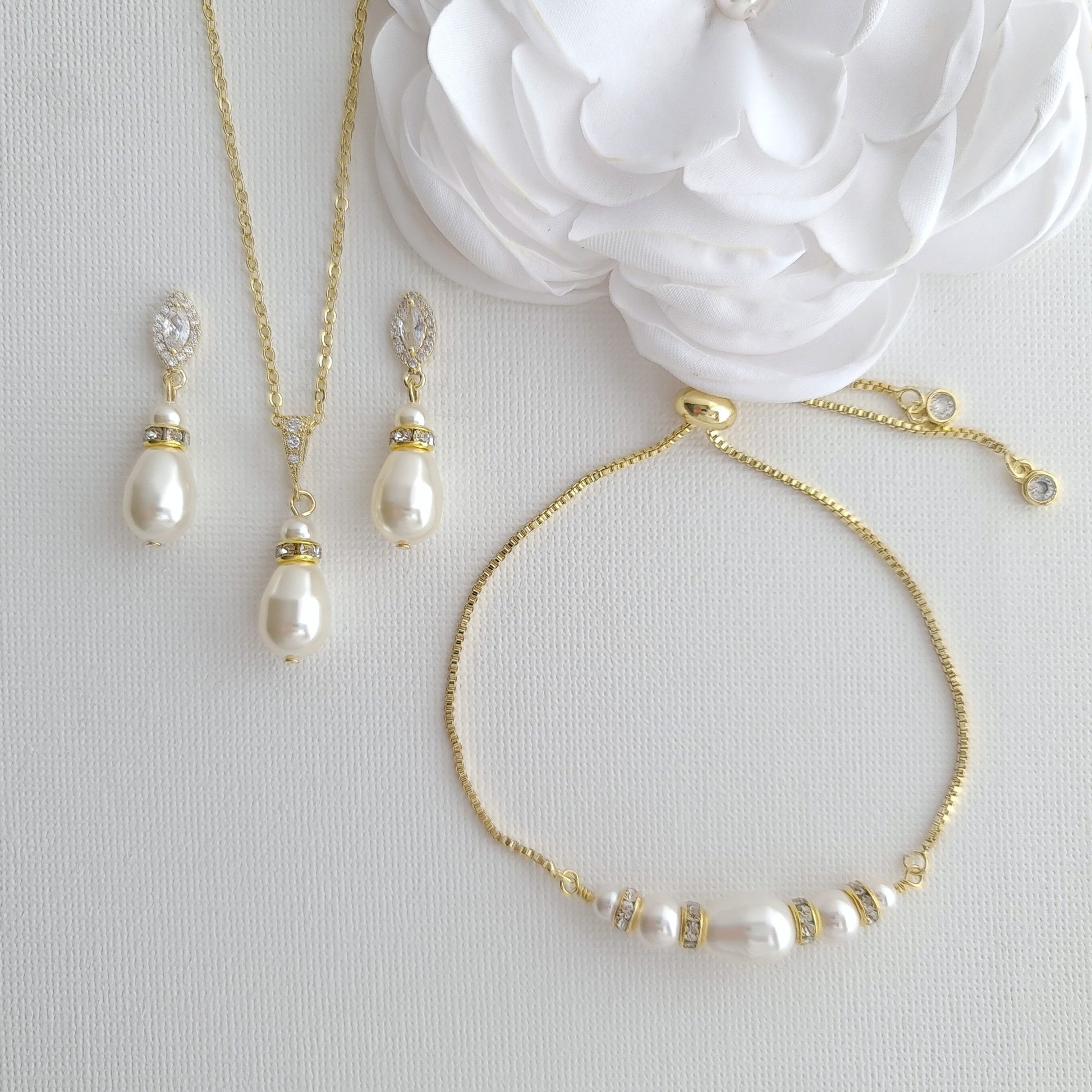 Simple Pearl Wedding Jewelry Set with Pearl Earring,Necklace,Bracelet for Brides-Ella - PoetryDesigns