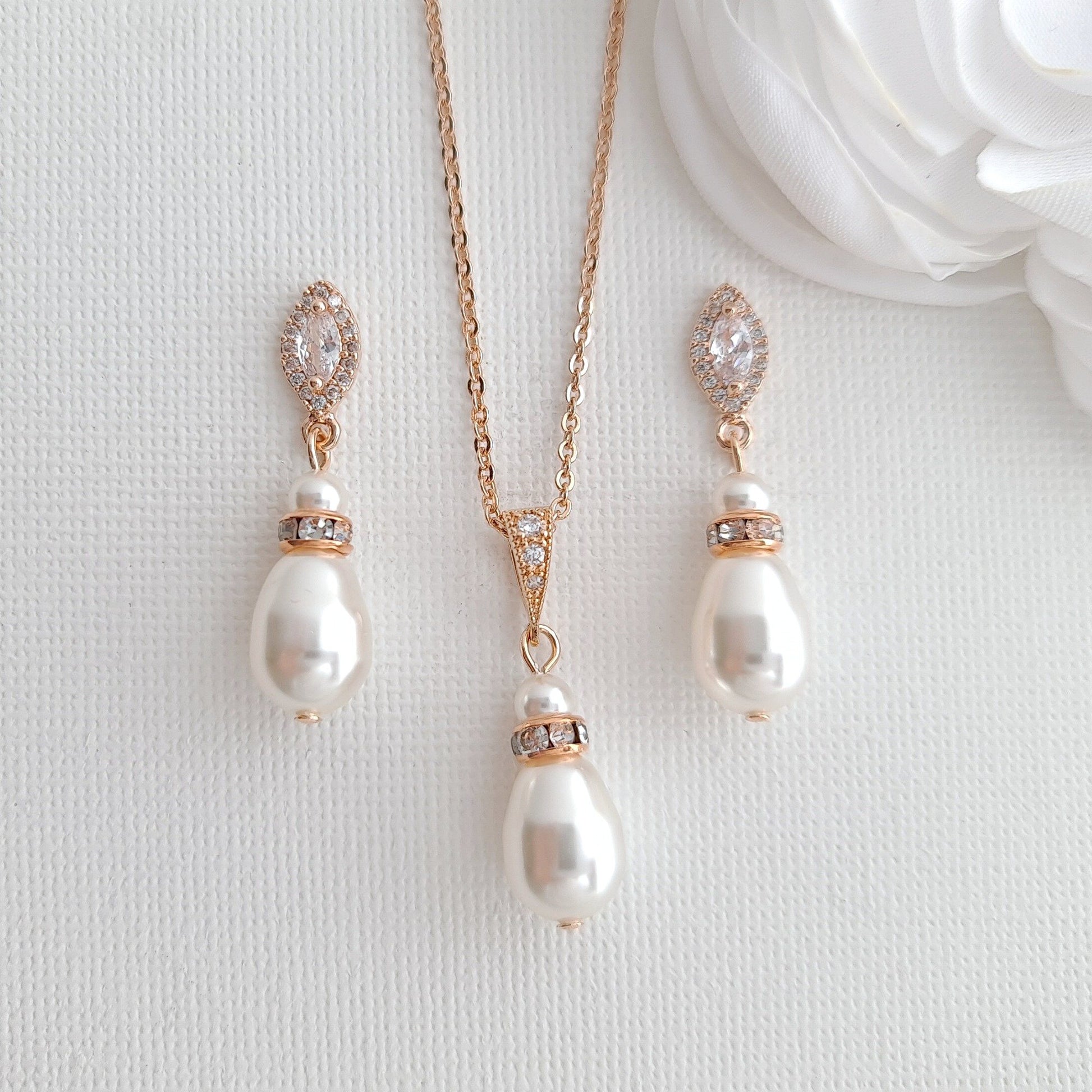 Pearl Earrings Necklace Bracelet Bridesmaids & Bridal Jewelry Set- Ella - PoetryDesigns