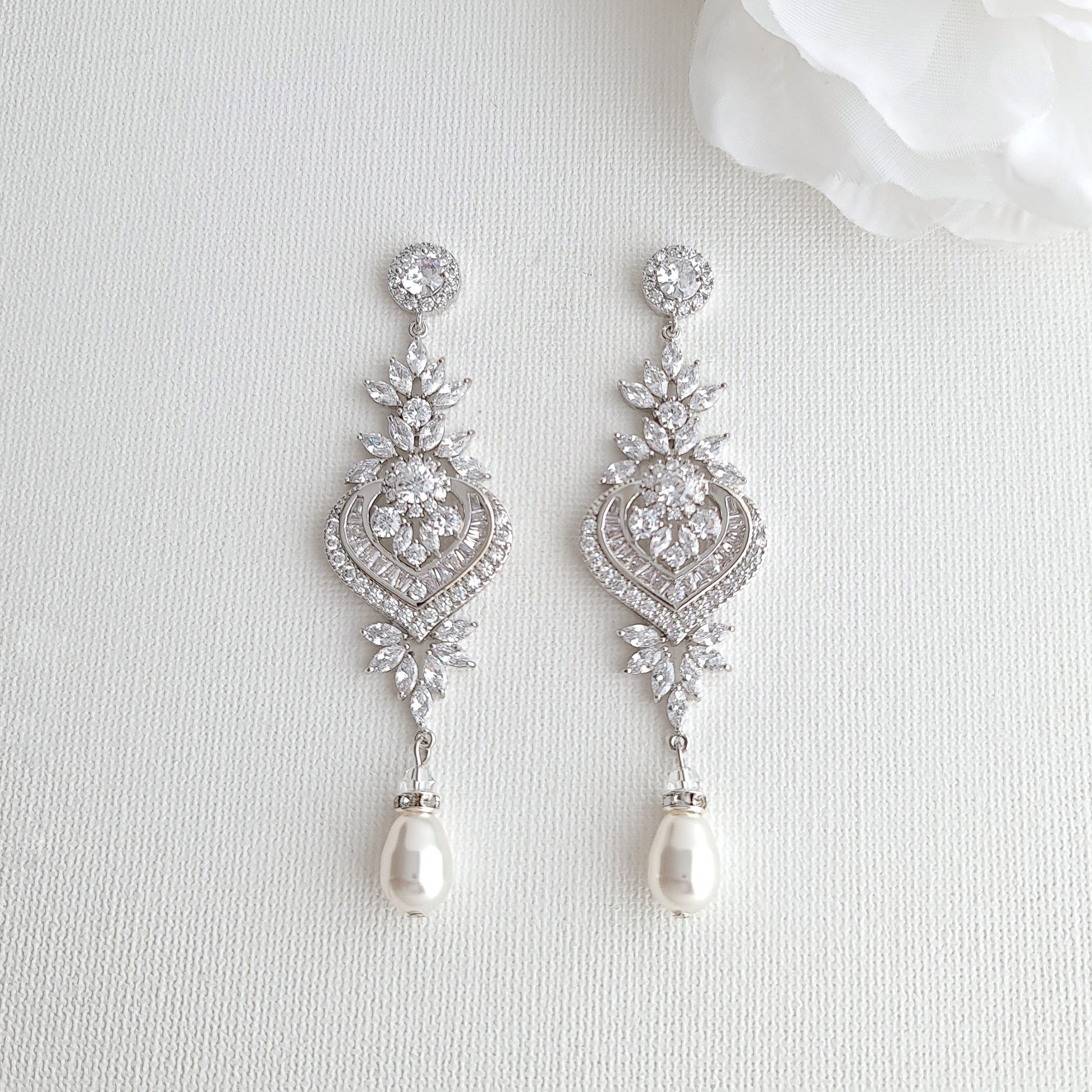 Long Silver Plated Chandelier Wedding Earrings- Poetry Designs
