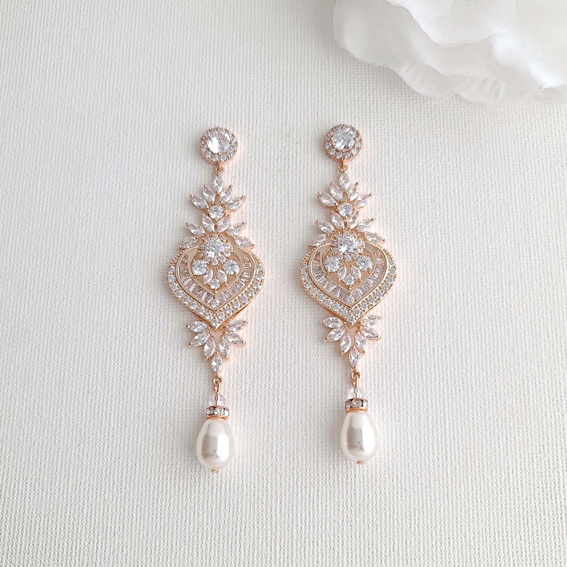 Rose Gold Chandelier Earrings Long Earrings for Weddings with Crystal & Pearl Drops- Poetry Designs