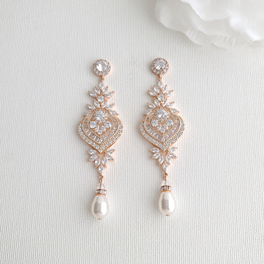 Rose Gold Chandelier Earrings Long Earrings for Weddings with Crystal & Pearl Drops- Poetry Designs