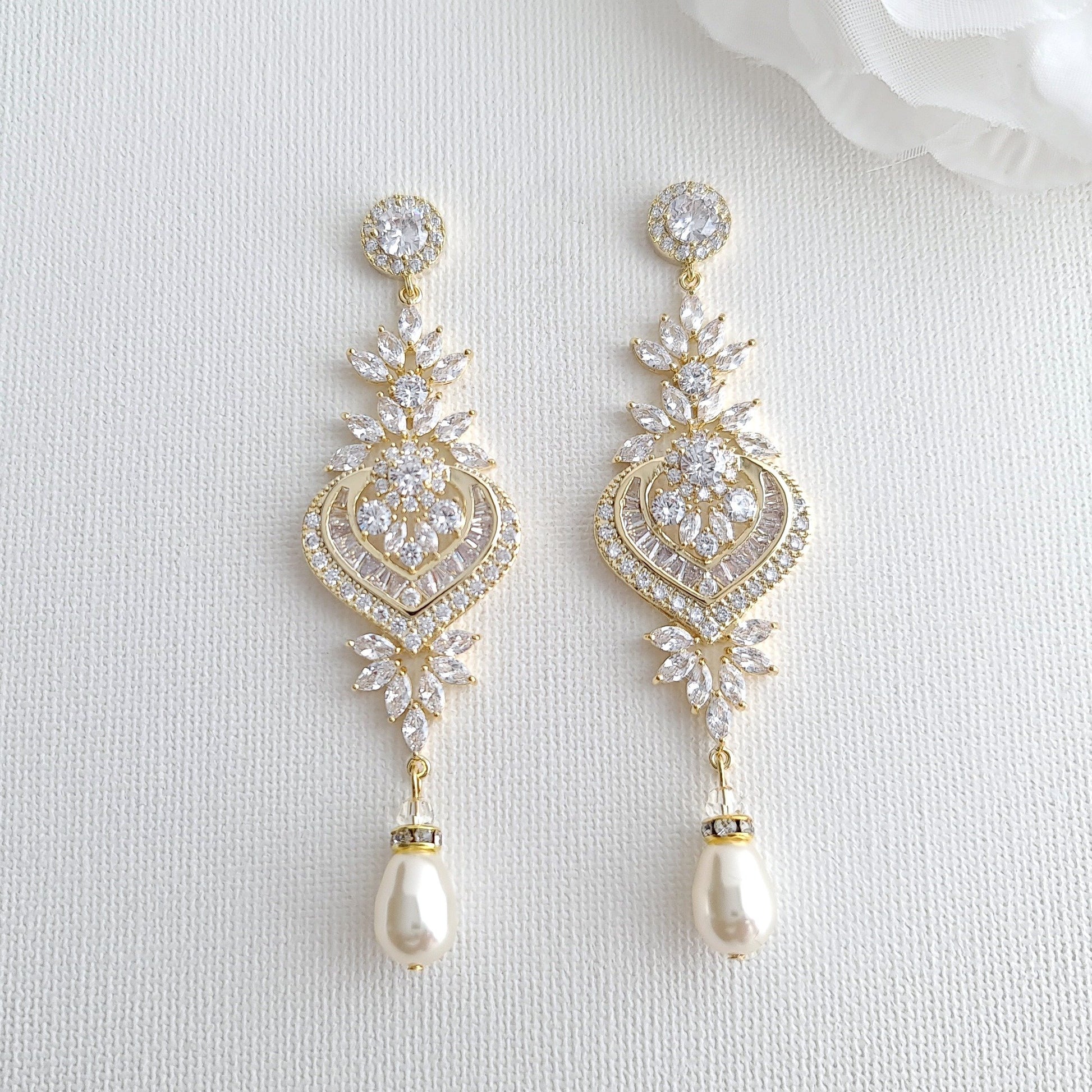 Long 14K Gold Plated Chandelier Wedding Earrings- Poetry Designs