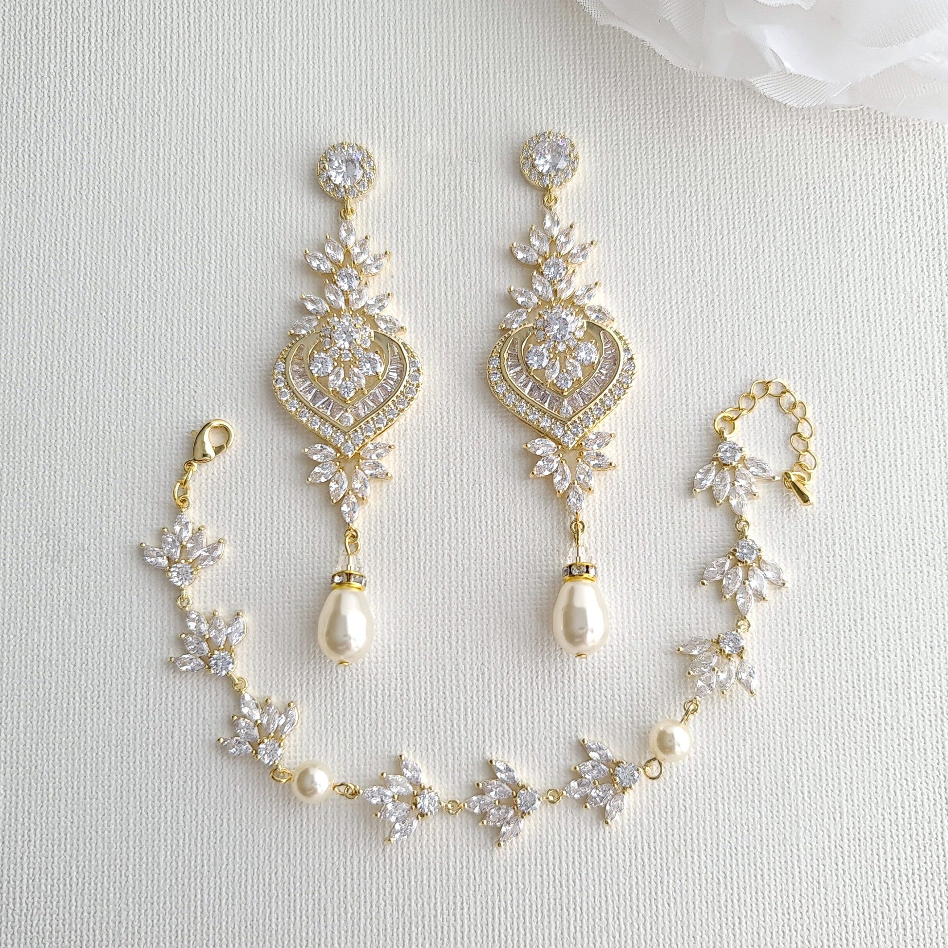 Wedding Earrings and Bracelet Set Gold- Poetry Designs