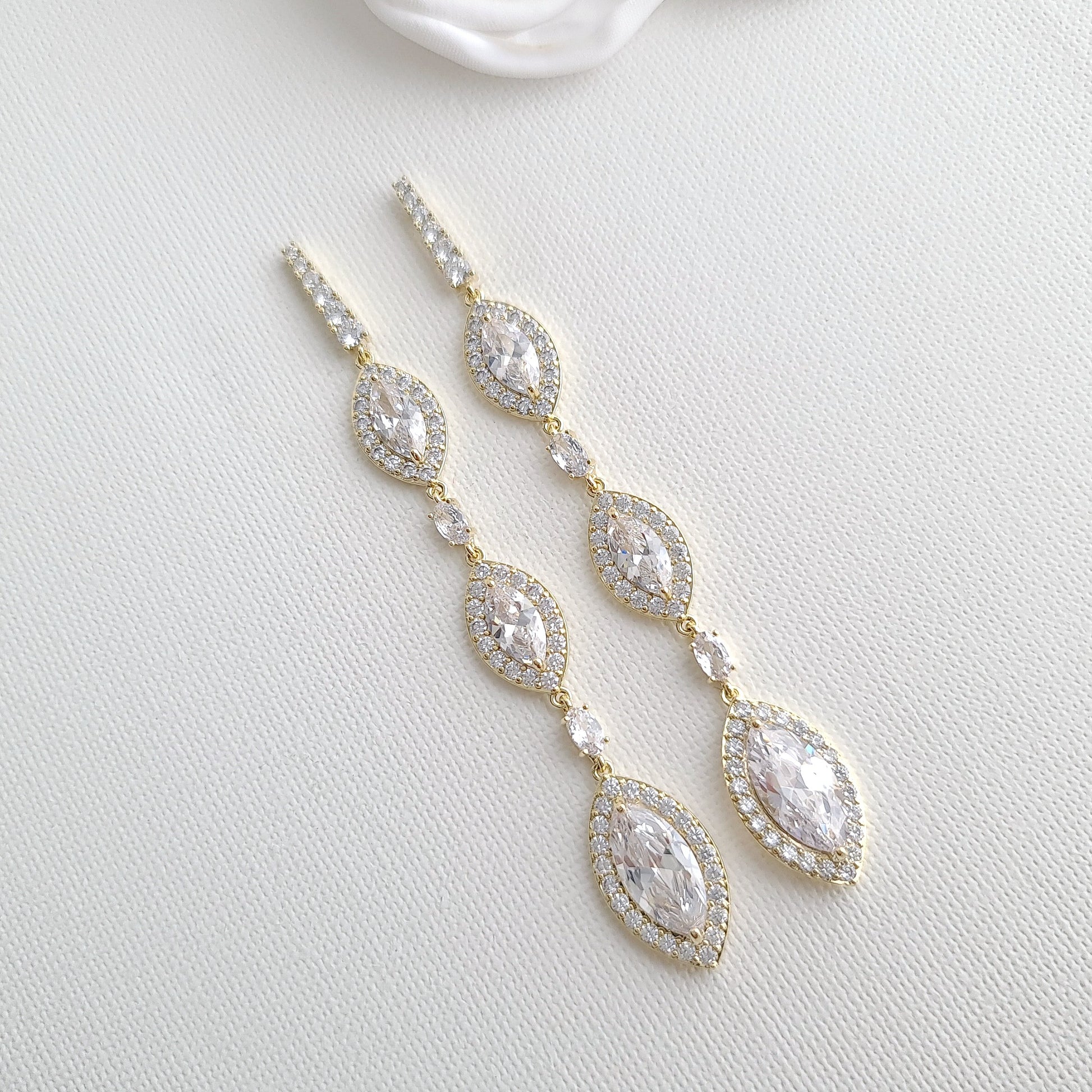 Gold & Cubic Zirconia Extra Long Earrings for Brides, Women for Wedding Prom-Poetry Design