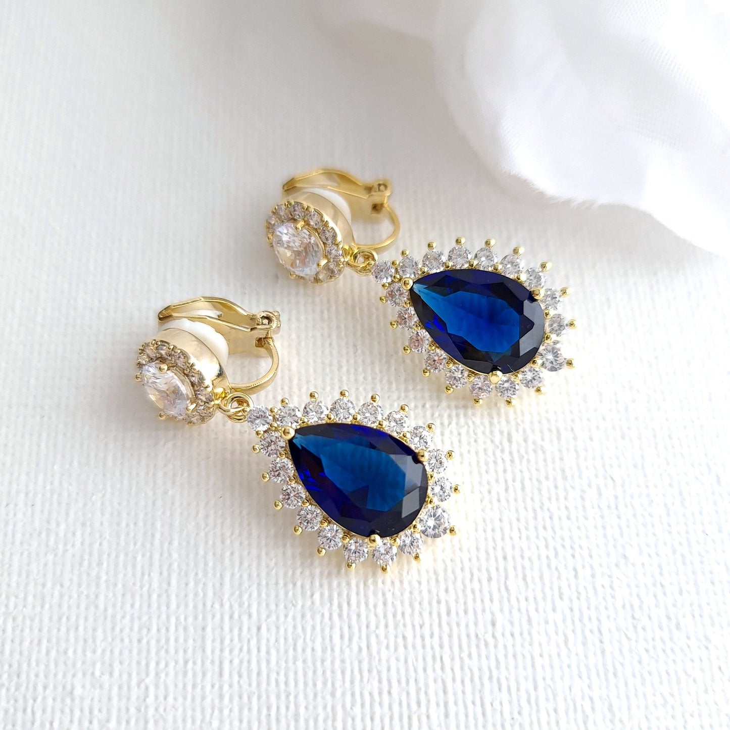 Blue and Gold Teardrop Clip On Earrings for Brides-Aoi