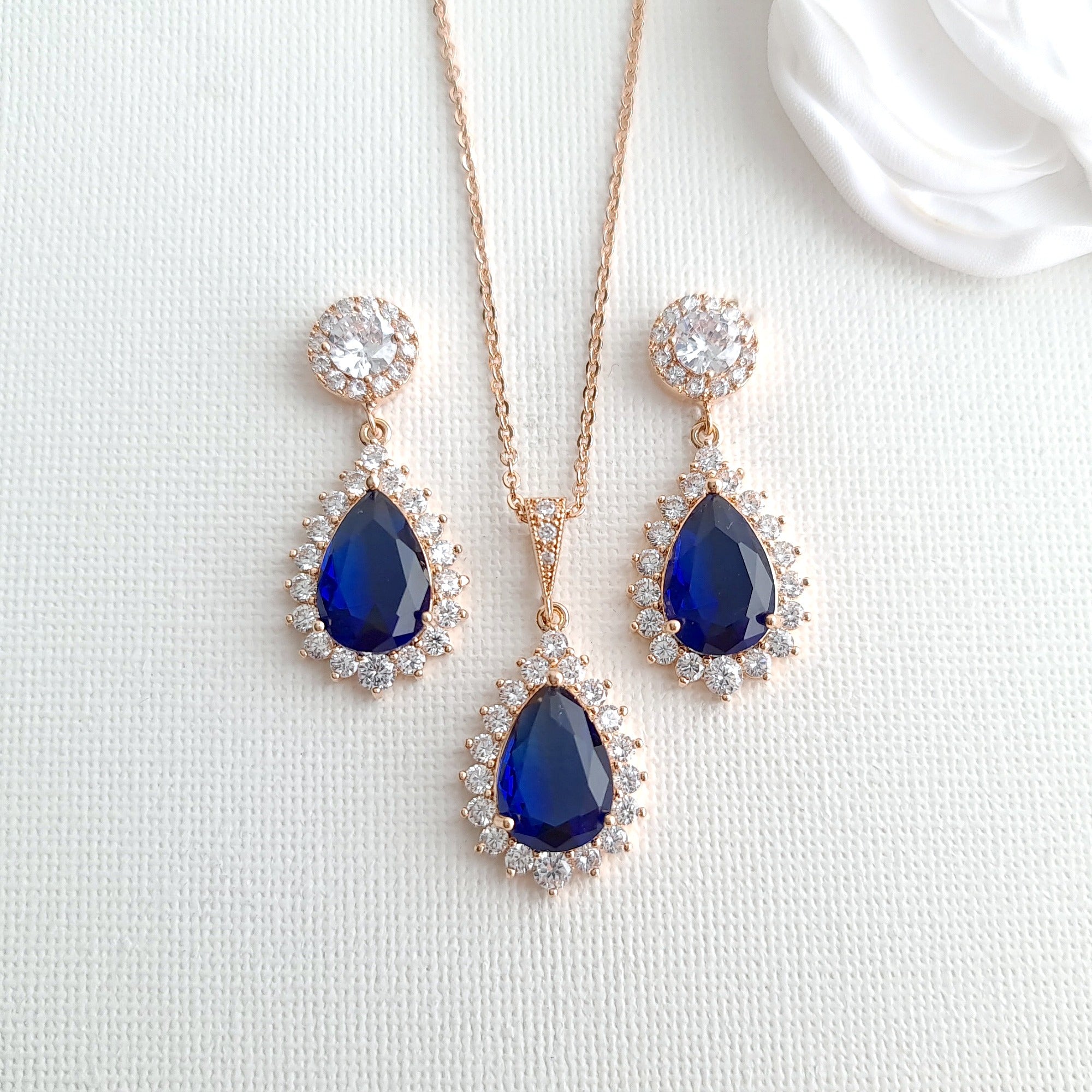 Royal blue Gold Crystal rhinestone necklace earrings set wedding engag –  Hairdazzzel