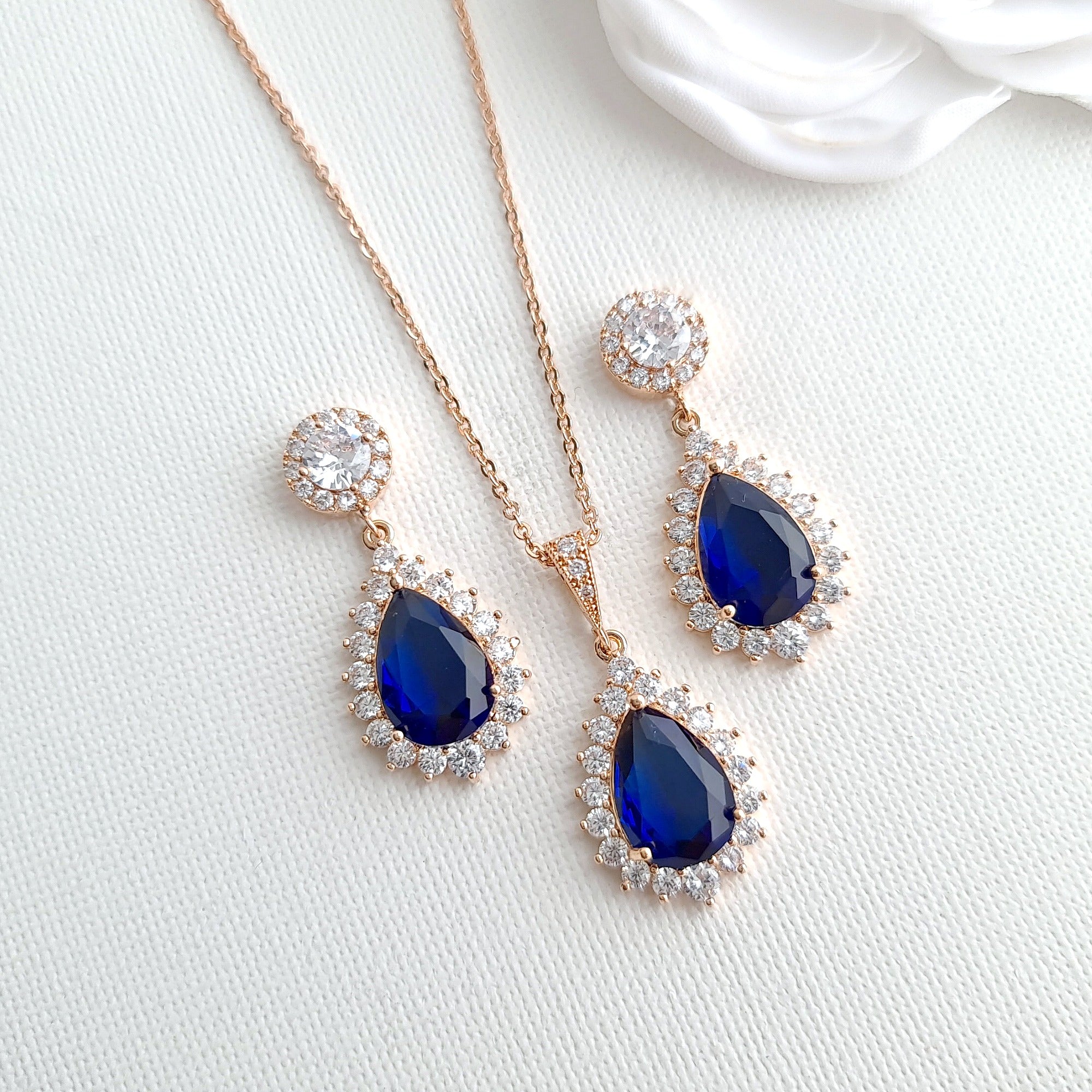 White Gold Finish Sapphire created diamond pear cut necklace and earrings  set - Jewellery Online Store