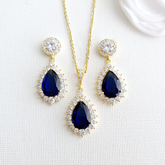 Blue Earrings Bracelet Necklace Set in Gold-Aoi