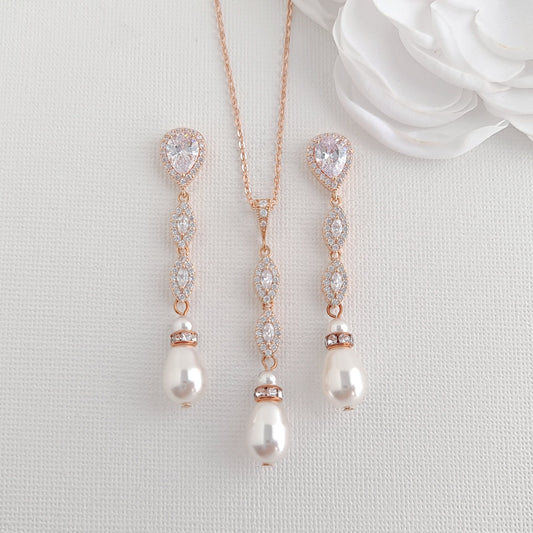 3-Piece Rose Gold Marquise Crystal & Pearl Wedding Jewelry Set – Abby