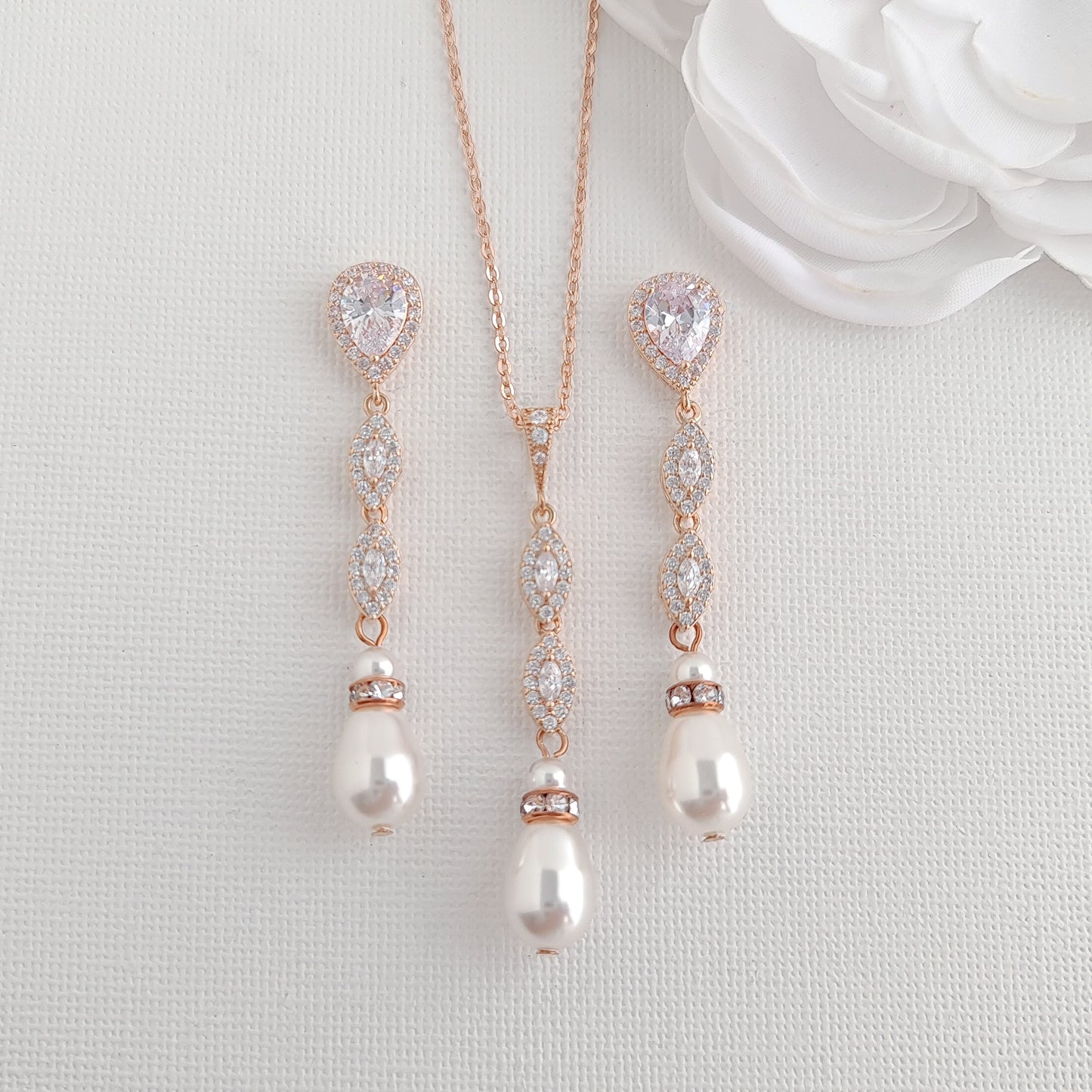 Pearl Wedding Jewelry Set in Rose Gold-Abby