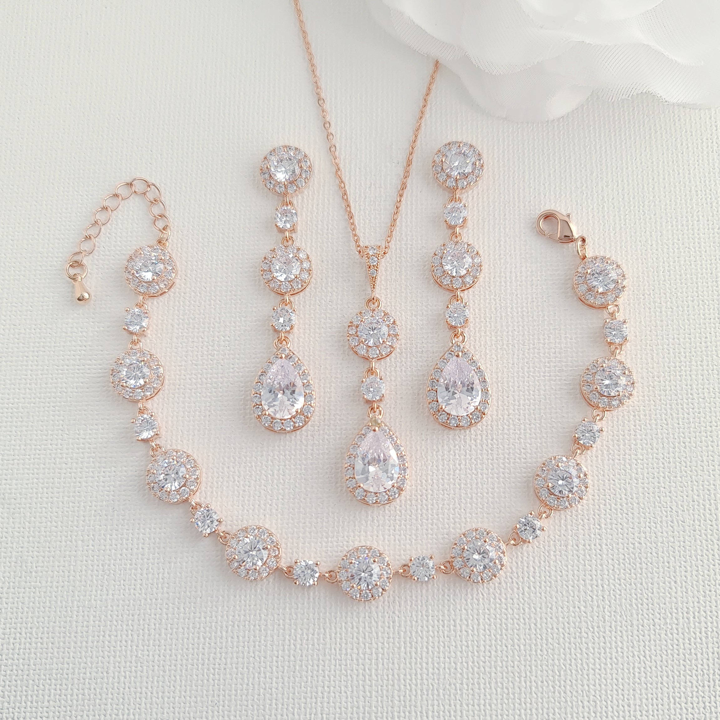 Shop Earrings Necklace Bracelet| 3 Piece Rose Gold Bridal Jewelry Set –  PoetryDesigns