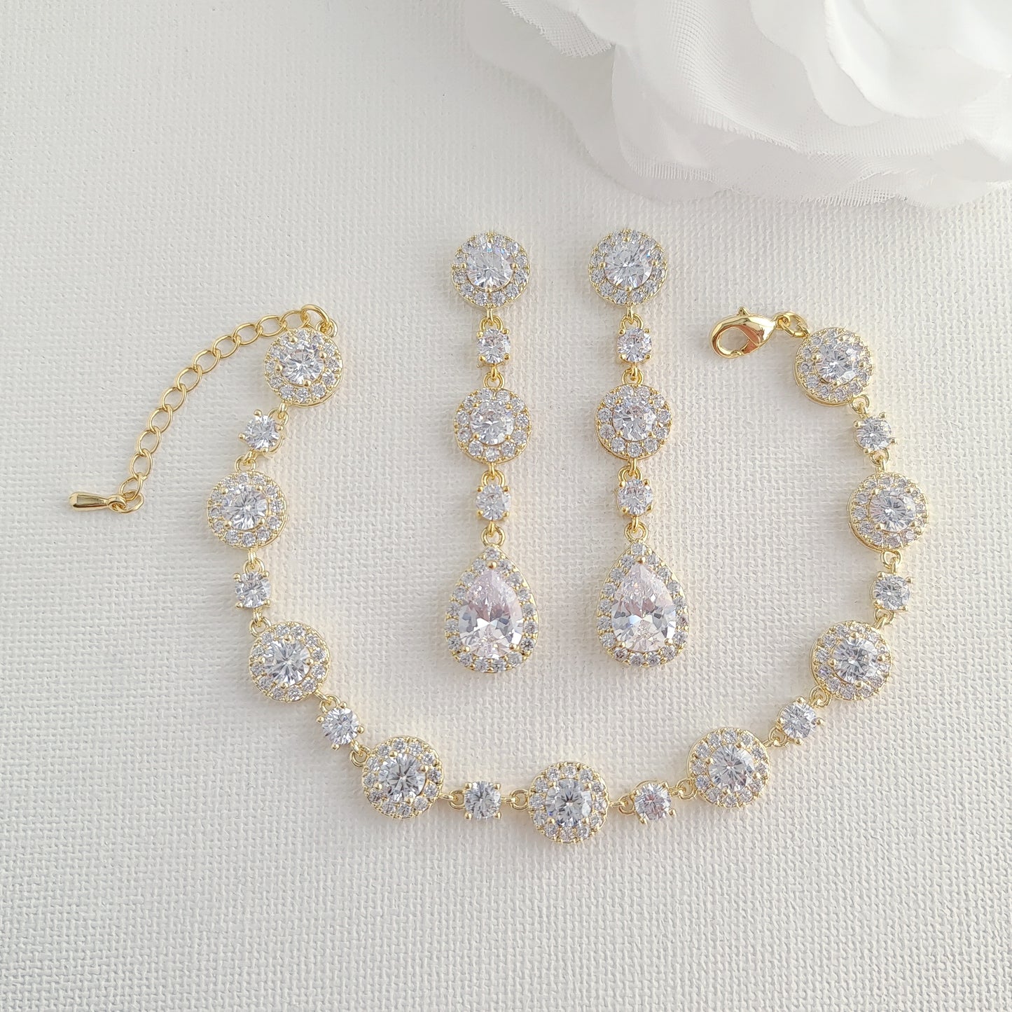 Round Crystal Earrings and Bracelet Set in Gold for Brides-Reagan