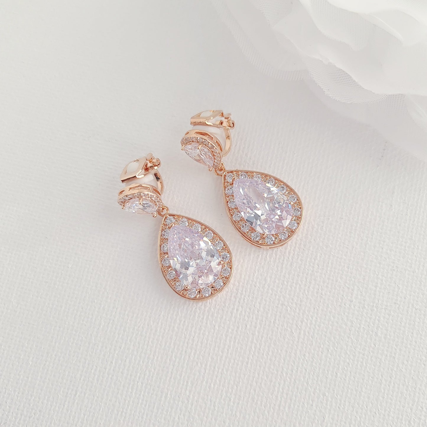 Rose Gold Wedding Earrings with Clip On-Evelyn