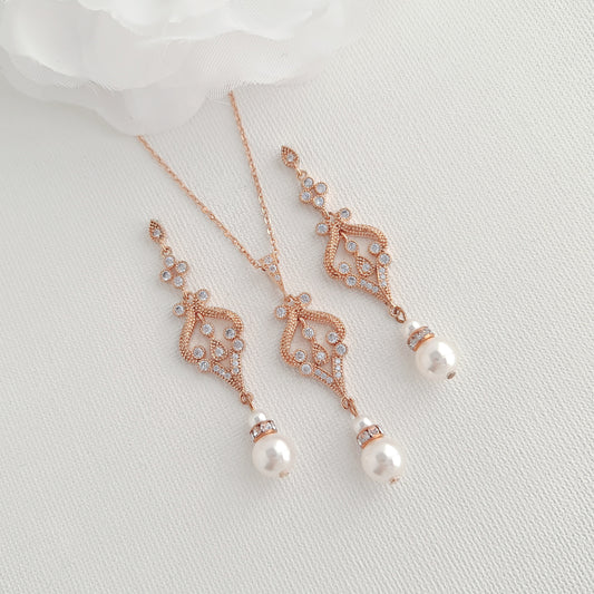 Vintage Style Rose Gold Pearl & Crystal Bridal Set - Elizabeth