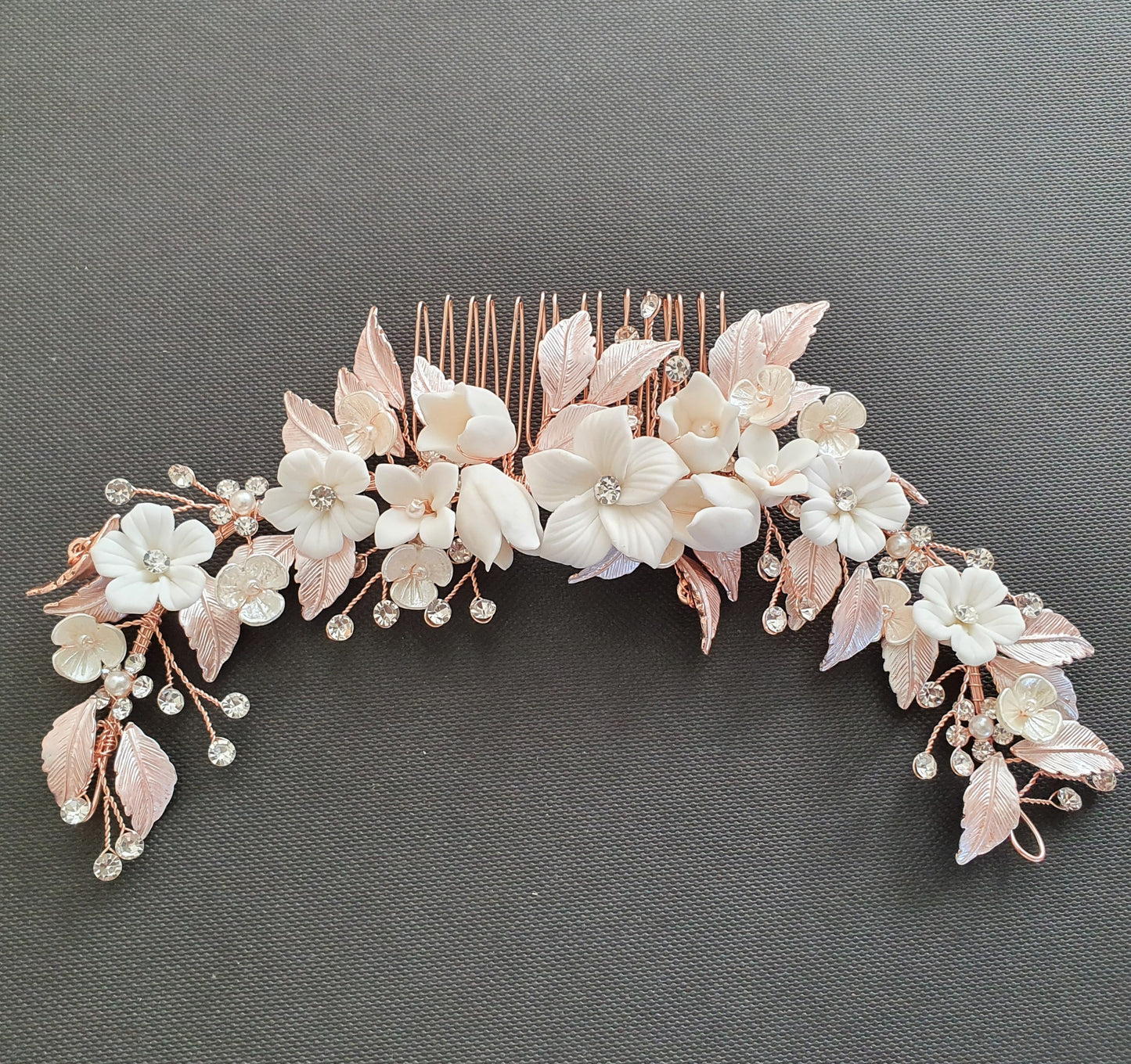 Rose Gold Hair Comb with White Flowers-Daffodil