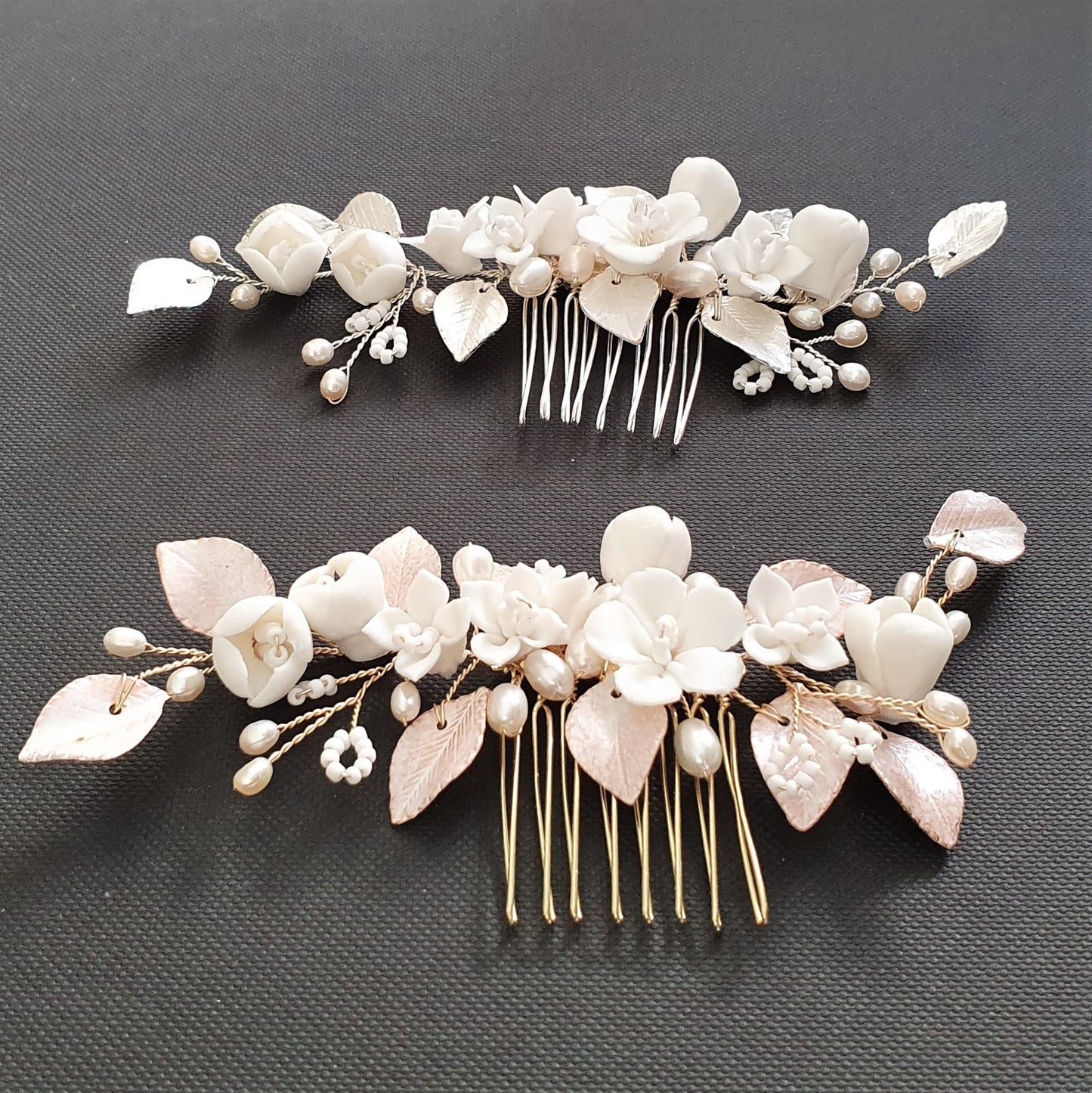 Small Flower Rose Gold Leaf Hair Comb- Fairy