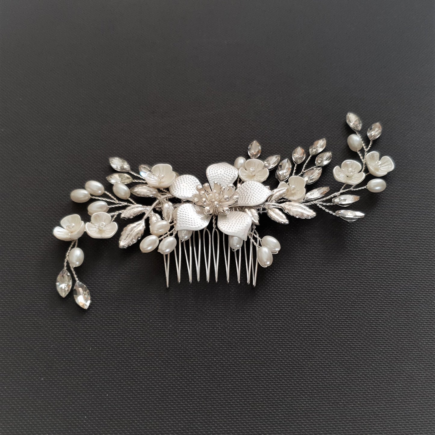 Jeweled Rose Gold Bridal Hair Comb with Pearl & Crystal Leaves-Freya