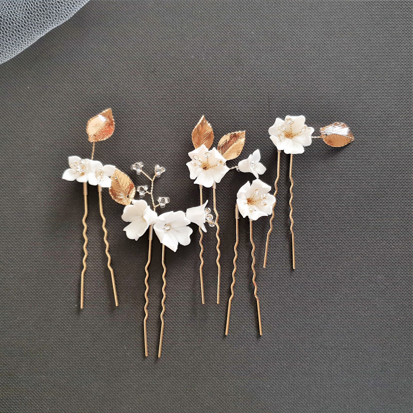 Bridal Hair Pins Set with White Flowers-Magnolia