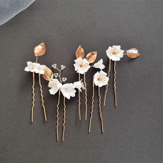 Épingles à cheveux de mariage en or avec fleurs blanches - Magnolia