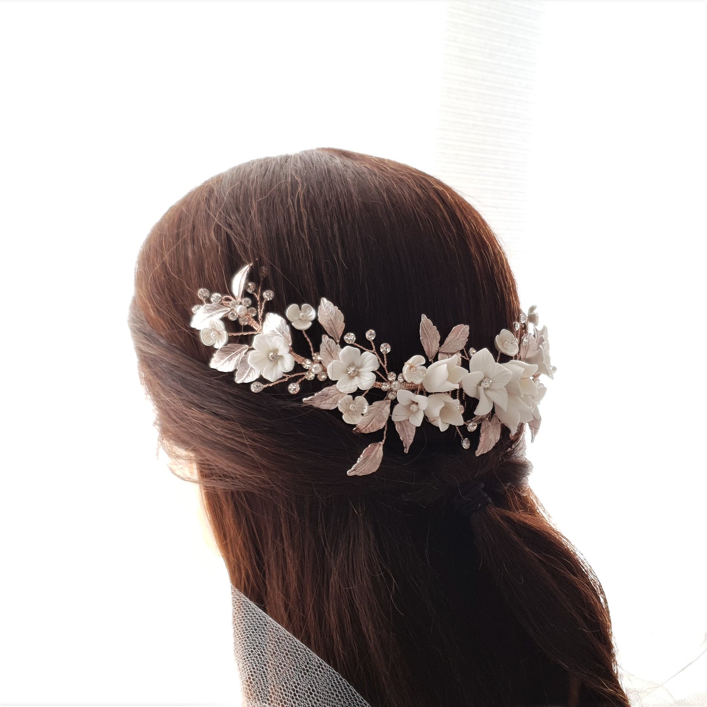 Rose Gold Hair Comb with White Flowers-Daffodil