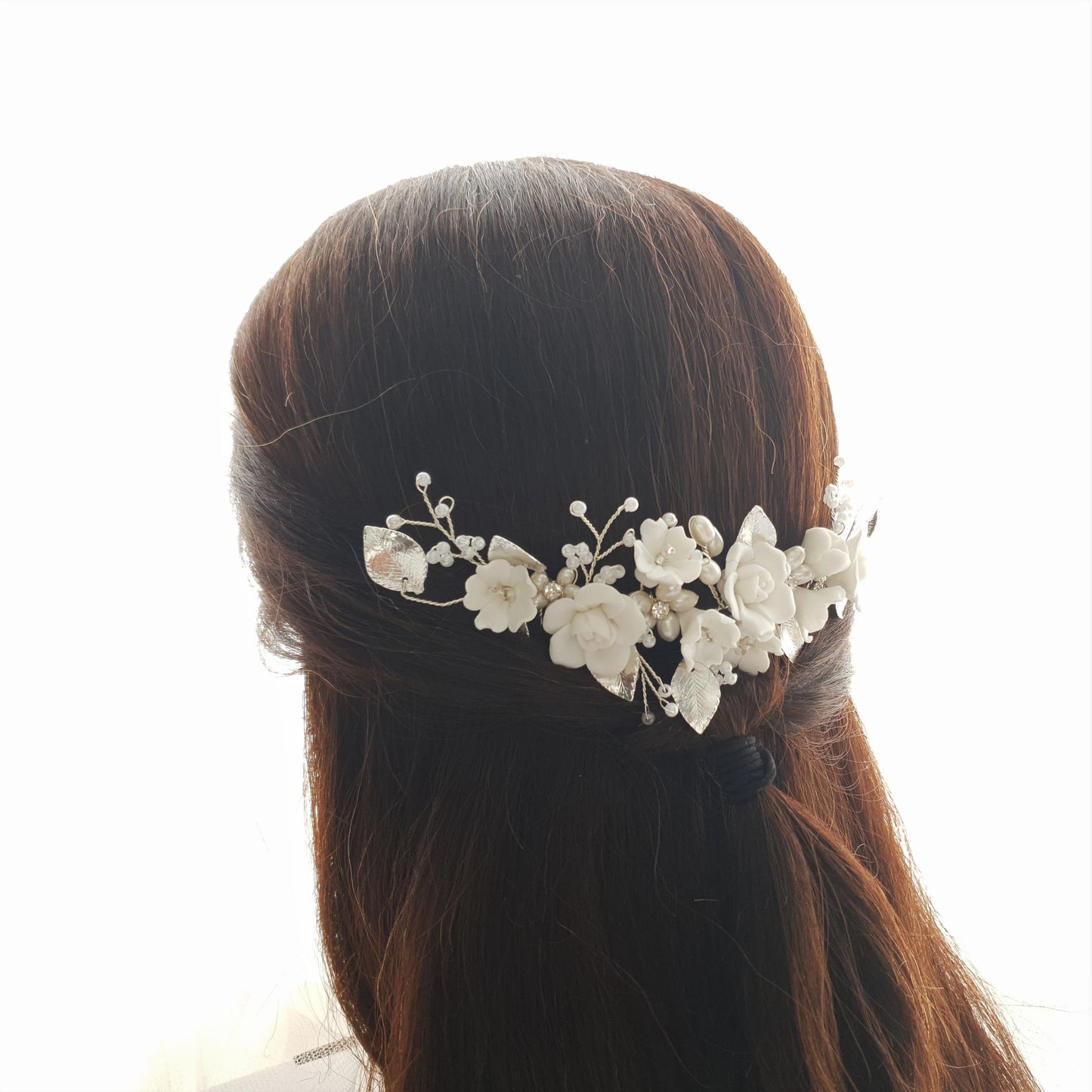 Double Comb Bridal Hairpiece with White Flowers-Blossom