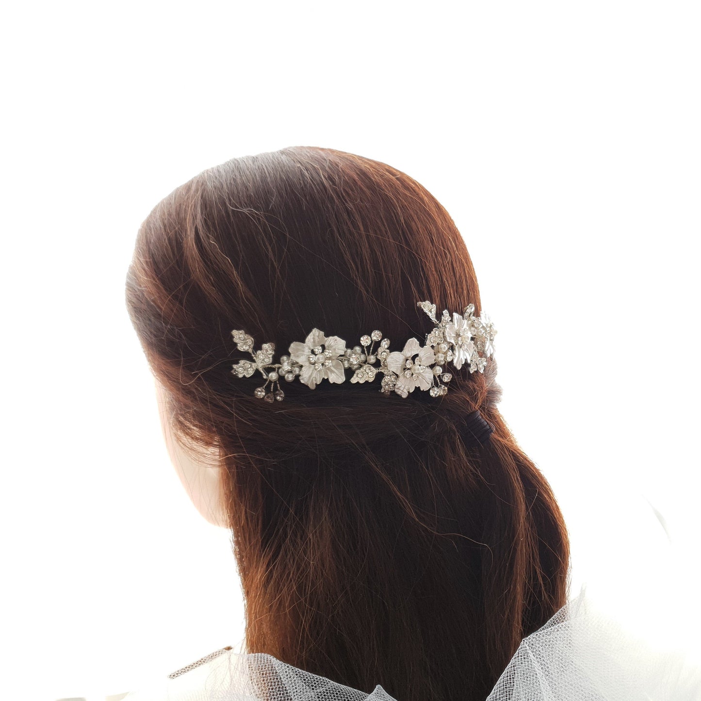 Peigne à cheveux en or rose pour mariées avec feuille et fleur - Gardenia