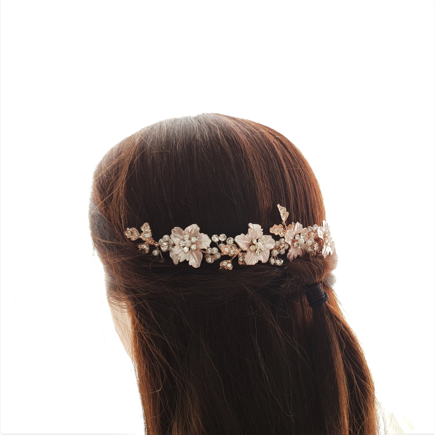 Peigne à cheveux en or rose pour mariées avec feuille et fleur - Gardenia