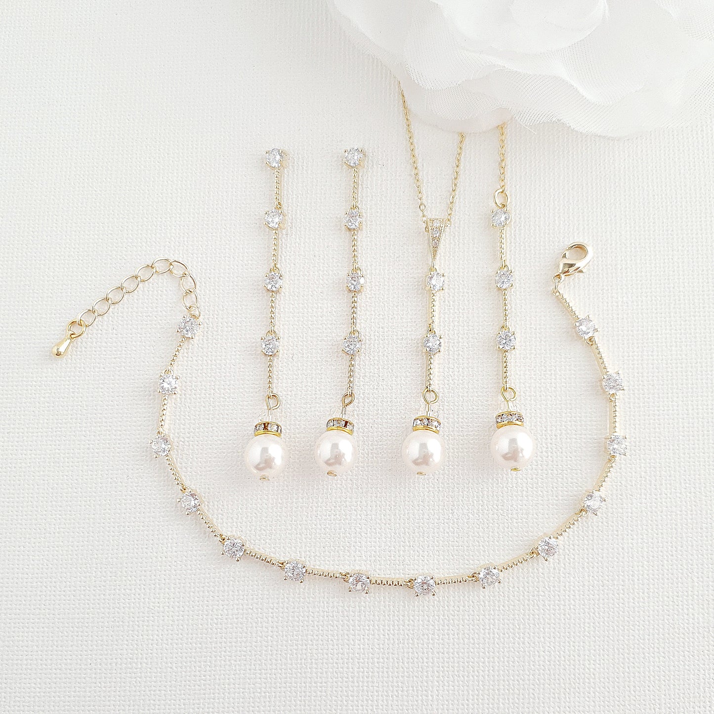 Gold Jewelry Set With Pearl Drop Earrings Necklace Bracelet-Ginger