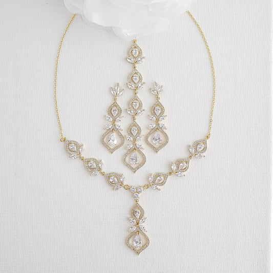 Gold Back Necklace and Earrings Bridal Jewelry Set-Meghan