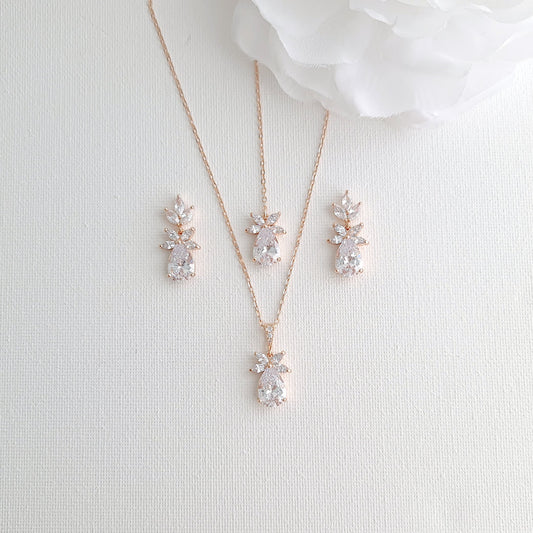 Simple Rose Gold Wedding Necklace and Earrings Set- Stella
