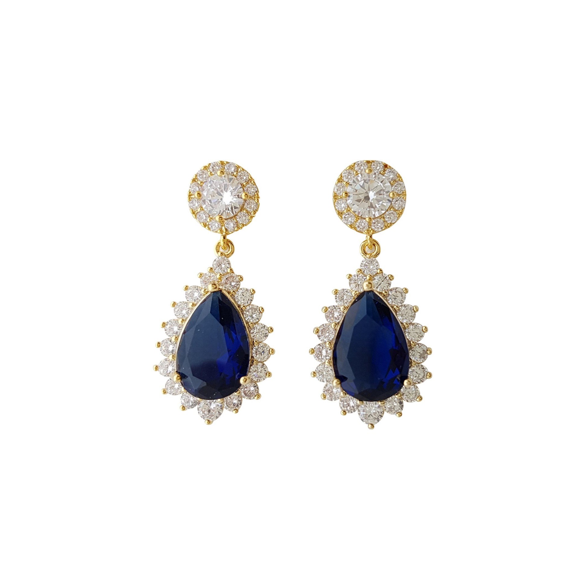 14K Gold blue stone earrings drop made of Cubic Zirconia- Poetry Designs