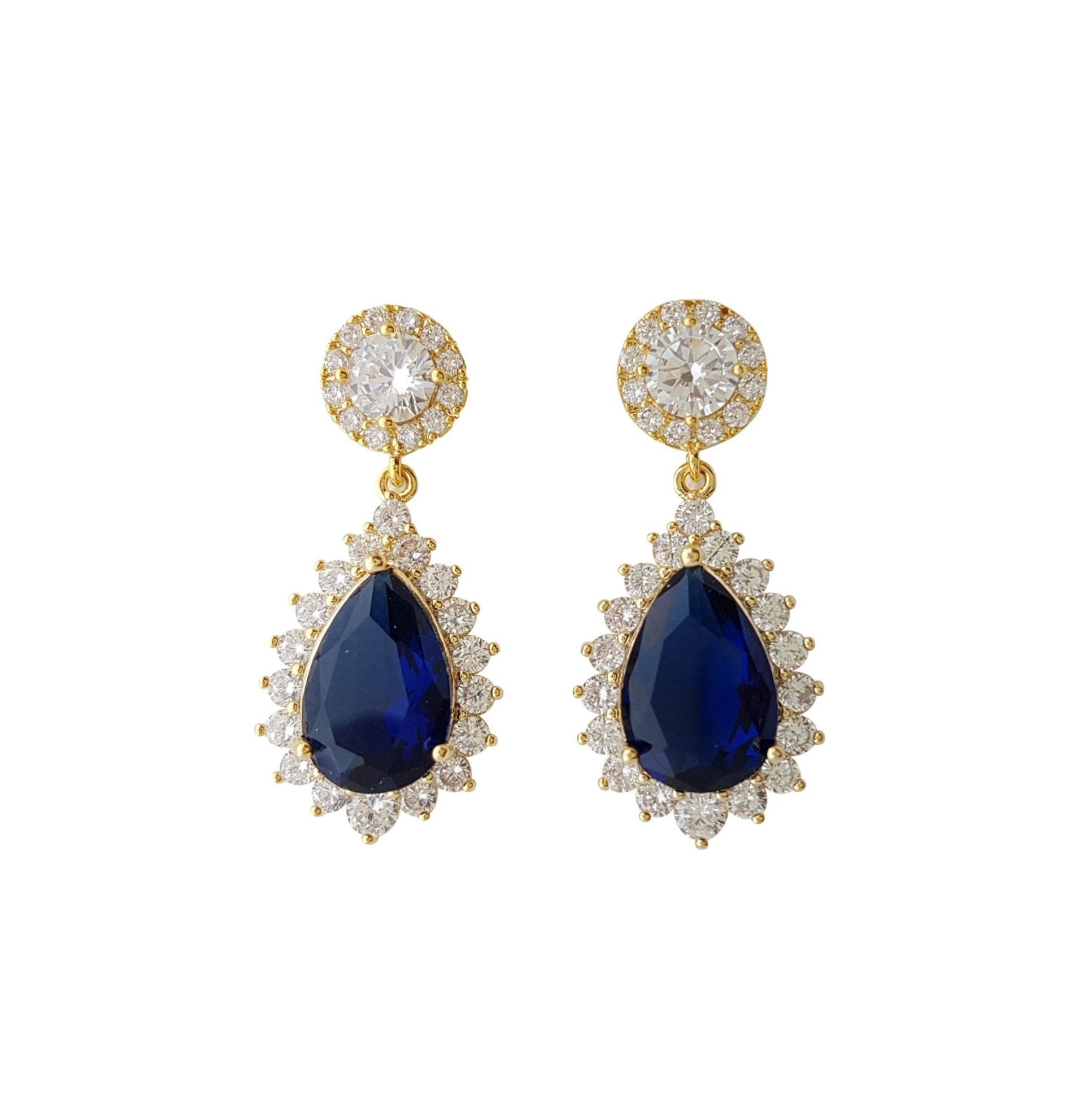 Gold Earrings in Cubic Zirconia blue stone for weddings- Poetry Designs
