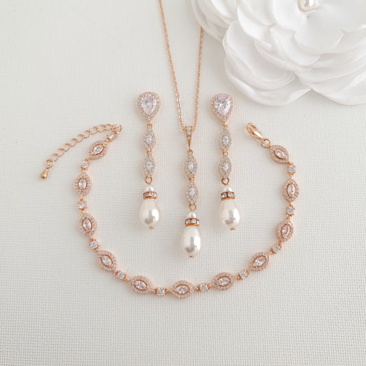 3-Piece Rose Gold Marquise Crystal & Pearl Wedding Jewelry Set – Abby