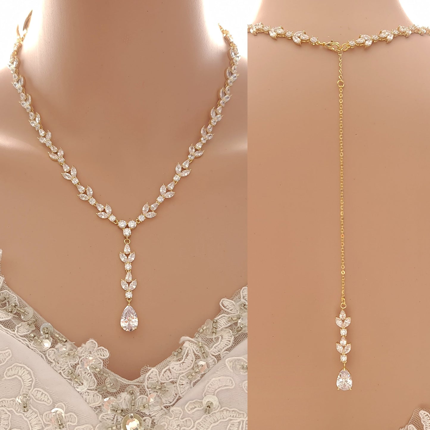 Rose Gold Statement Necklace with Simple Backdrop for Weddings- Anya