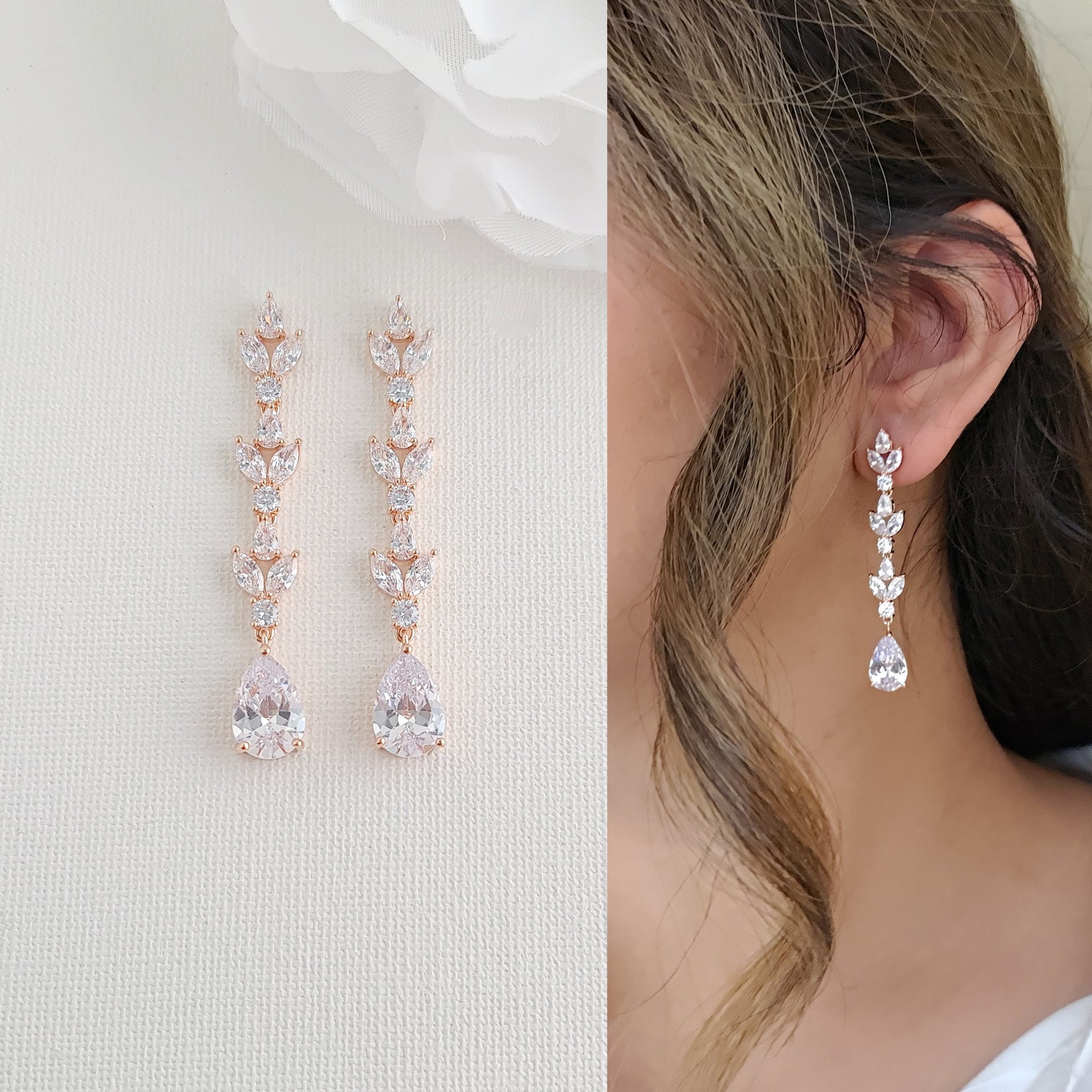 Long Earrings In Rose Gold for Weddings, Prom, Event, Evening Wear PoetryDesigns Long Earrings In Rose Gold for Weddings, Prom, Event, Evening Wear PoetryDesigns