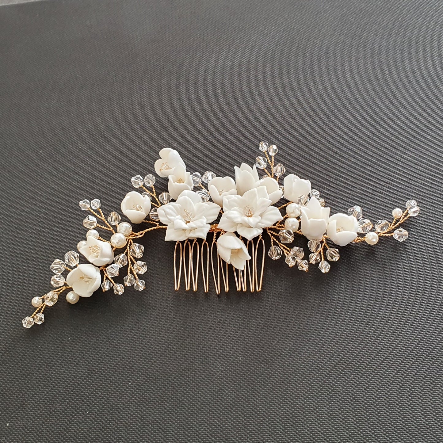 Gold Bridal Hair Comb with White Porcelain Flower & Crystal Beads-Tulip