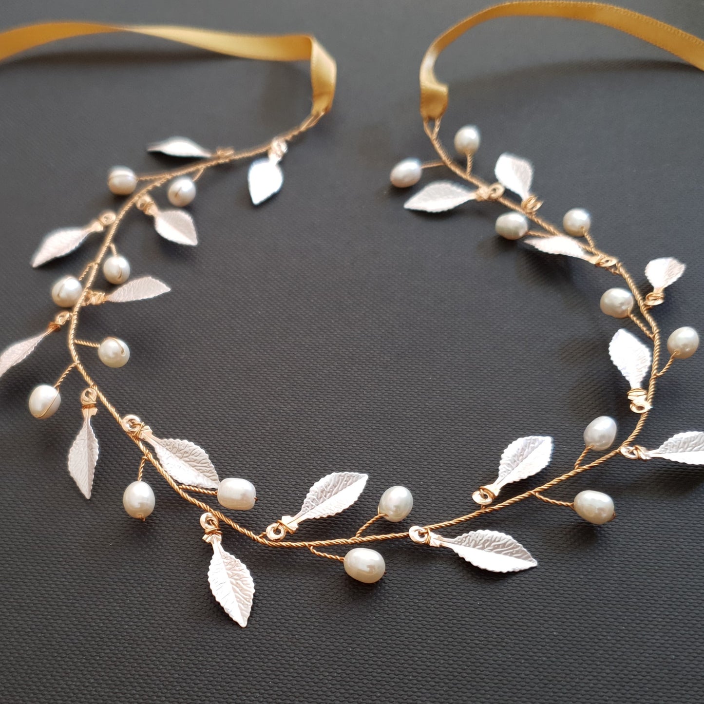 Leaf Headband with Pearls for Weddings-Sweet Peas